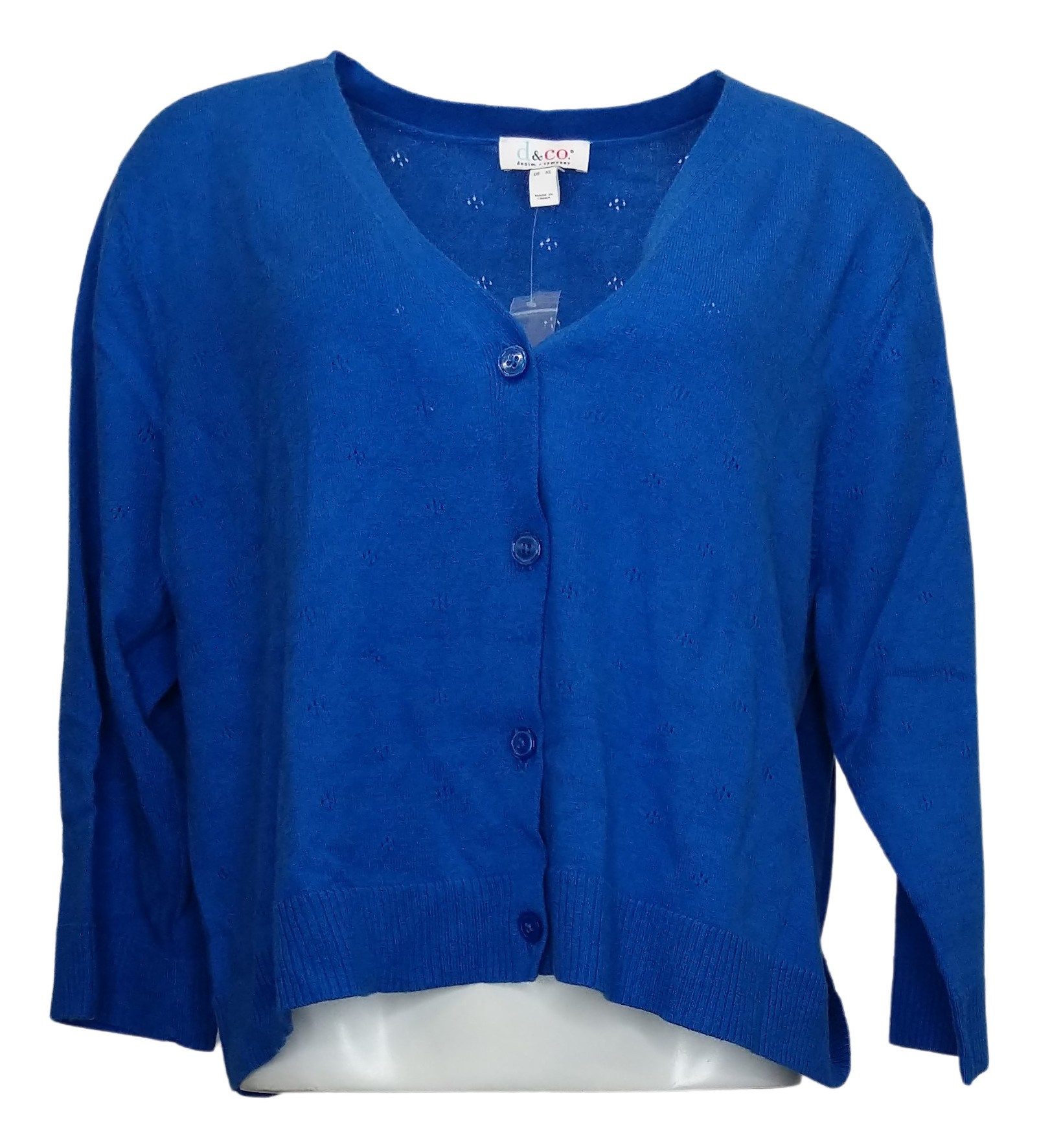 Denim & Co. Pointelle Stitch V-Neck -Sleeve Cardigan Women's Top Sweater Blue