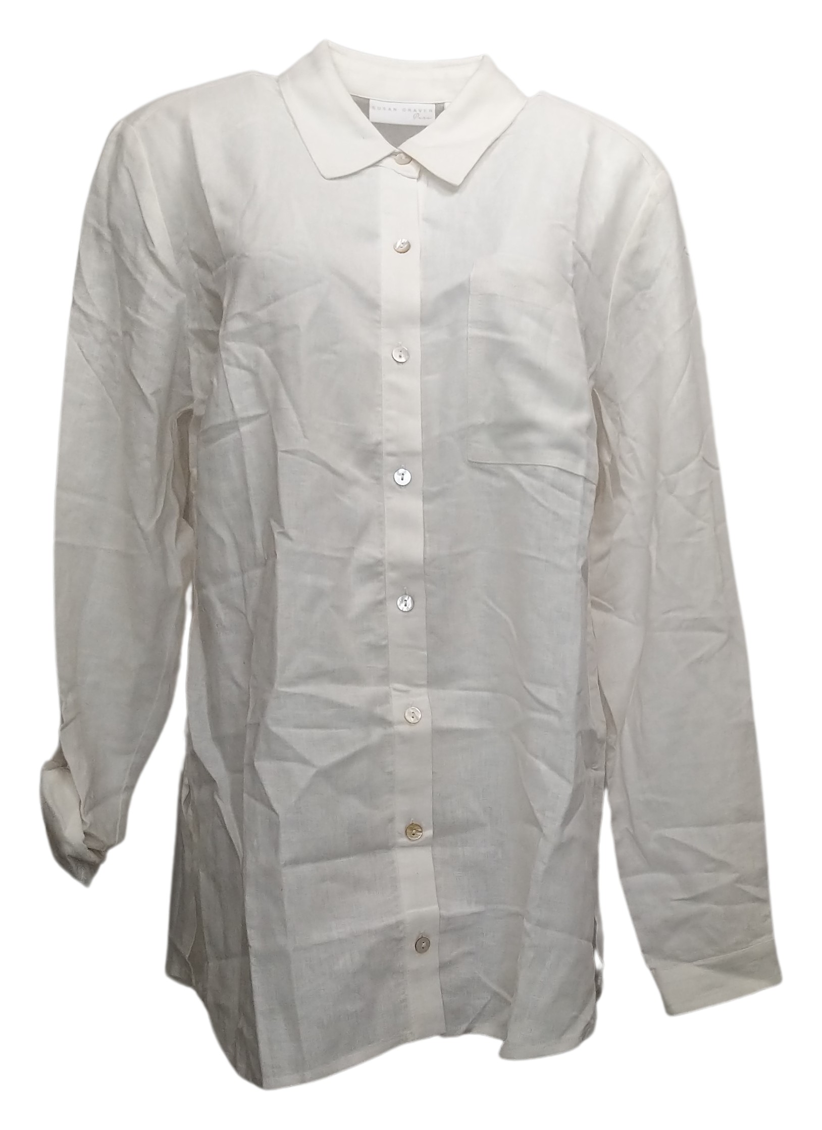 Susan Graver Pure Linen Blend Button Front Shirt Women's Top Sz M White