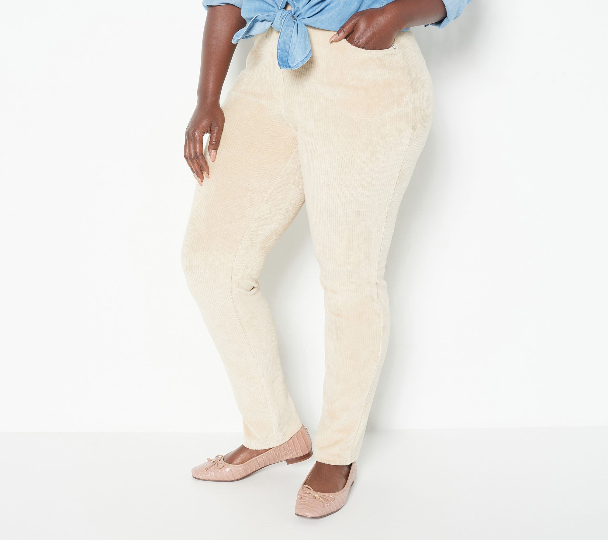 Quacker Factory Women's Pants Sz XL Knit Corduroy Pull-On Slim Leg Beige A270756