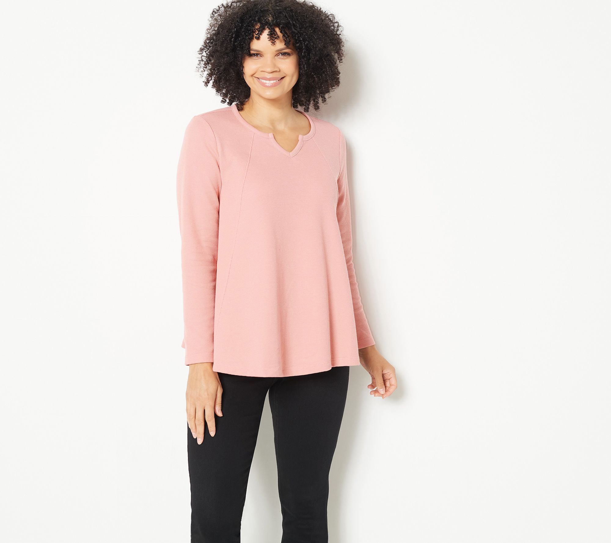 Denim & Co. Women's Top Plus Sz Sweater 1X Waffle Knit Split V-Neck Pink A460641
