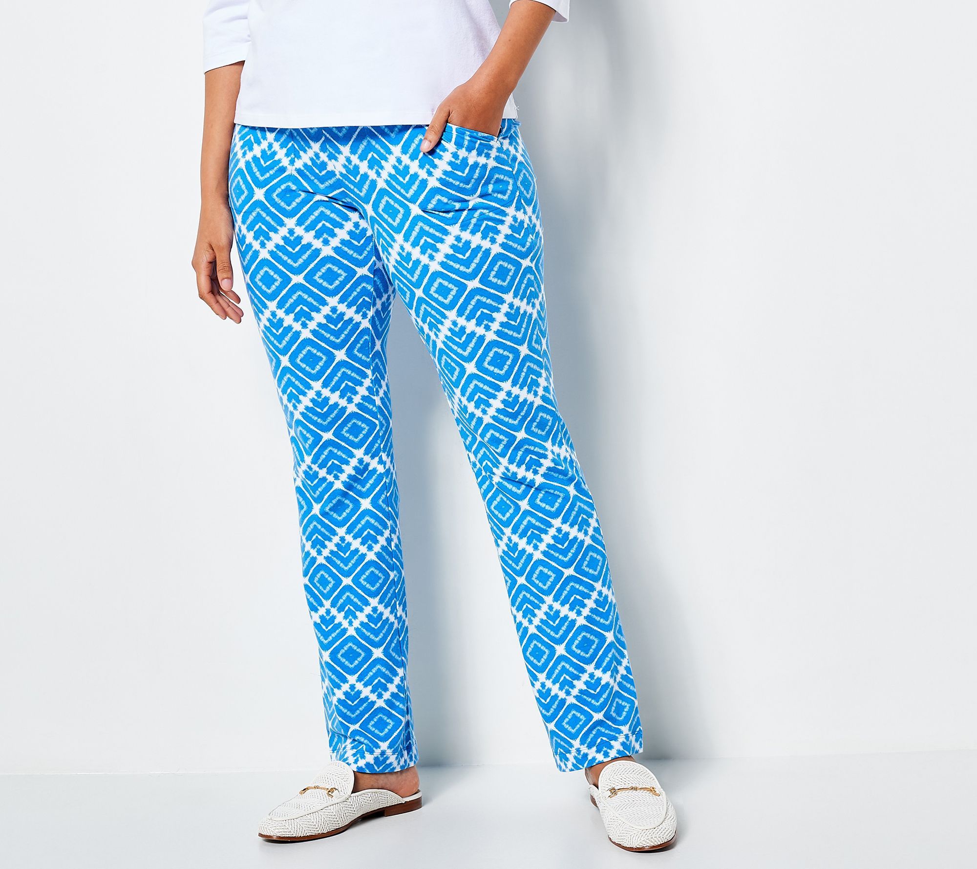 Denim & Co. Women's Pants Sz M Tall Printed Jersey Slim Straight Blue A475771