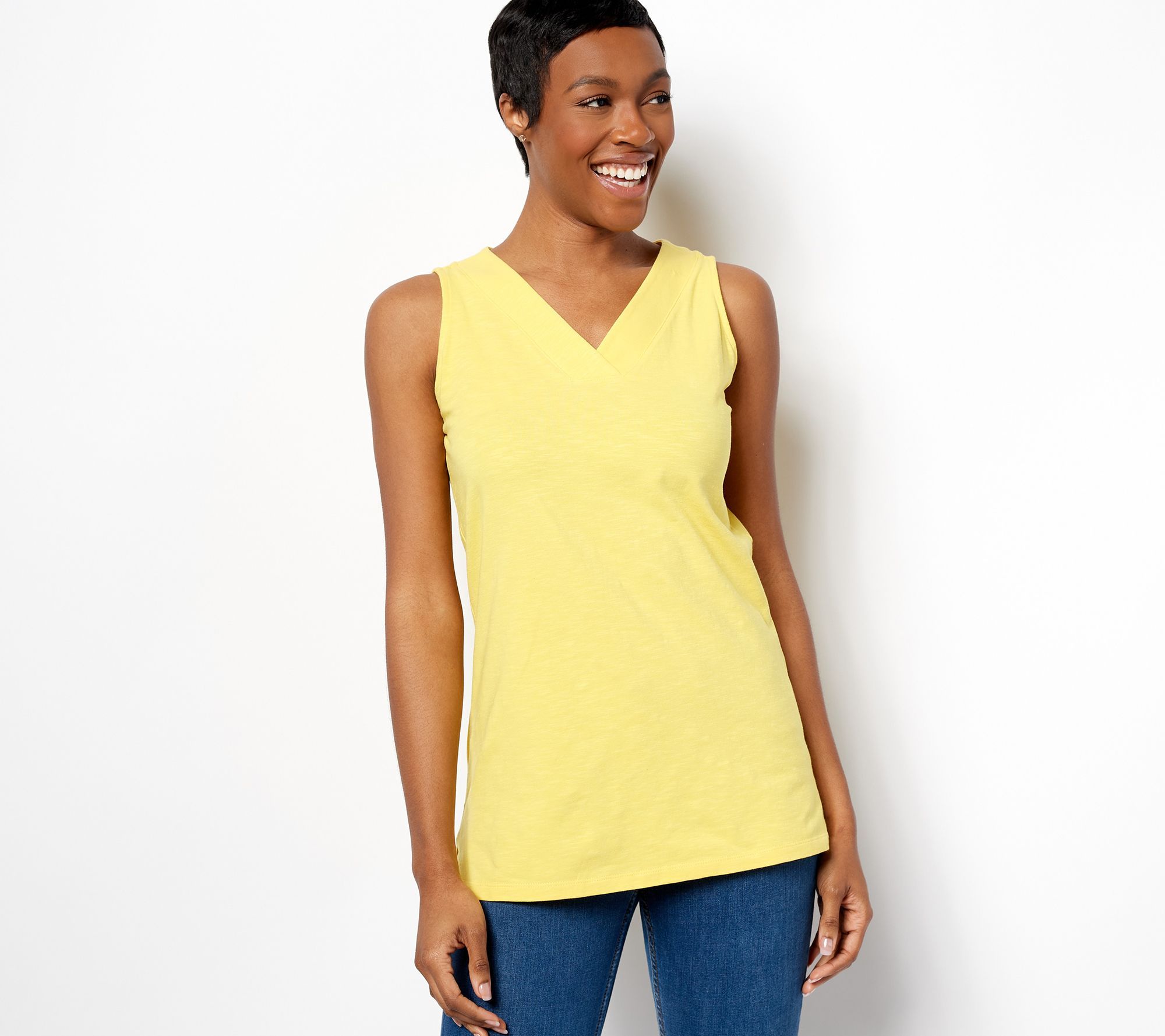 Denim & Co. Essentials Textured Knit V-Neck Tank Tunic Women's Top Sz Yellow