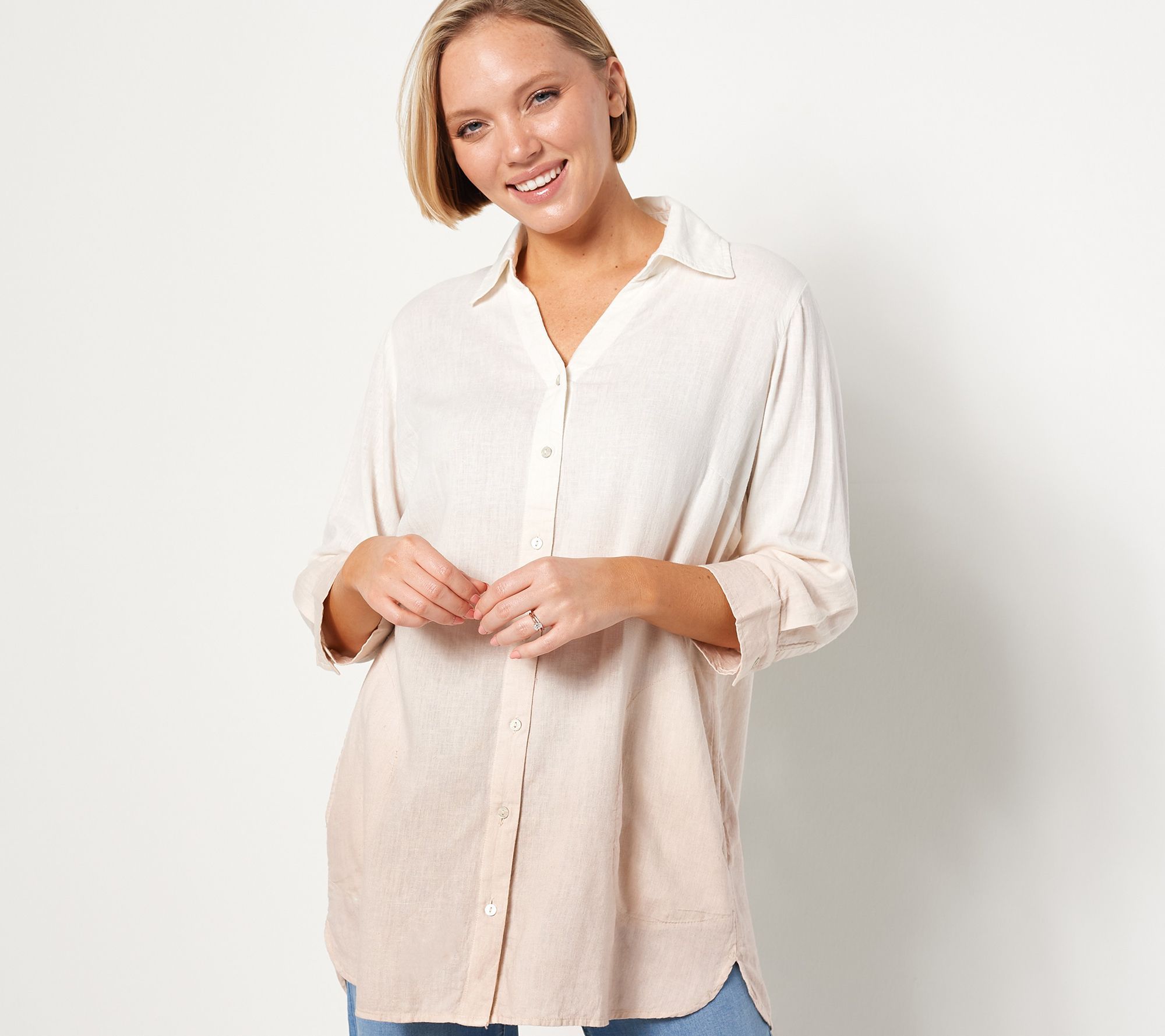 Denim & Co. Naturals Petite Linen Blend Side Button Tunic Women's Top PS Pink