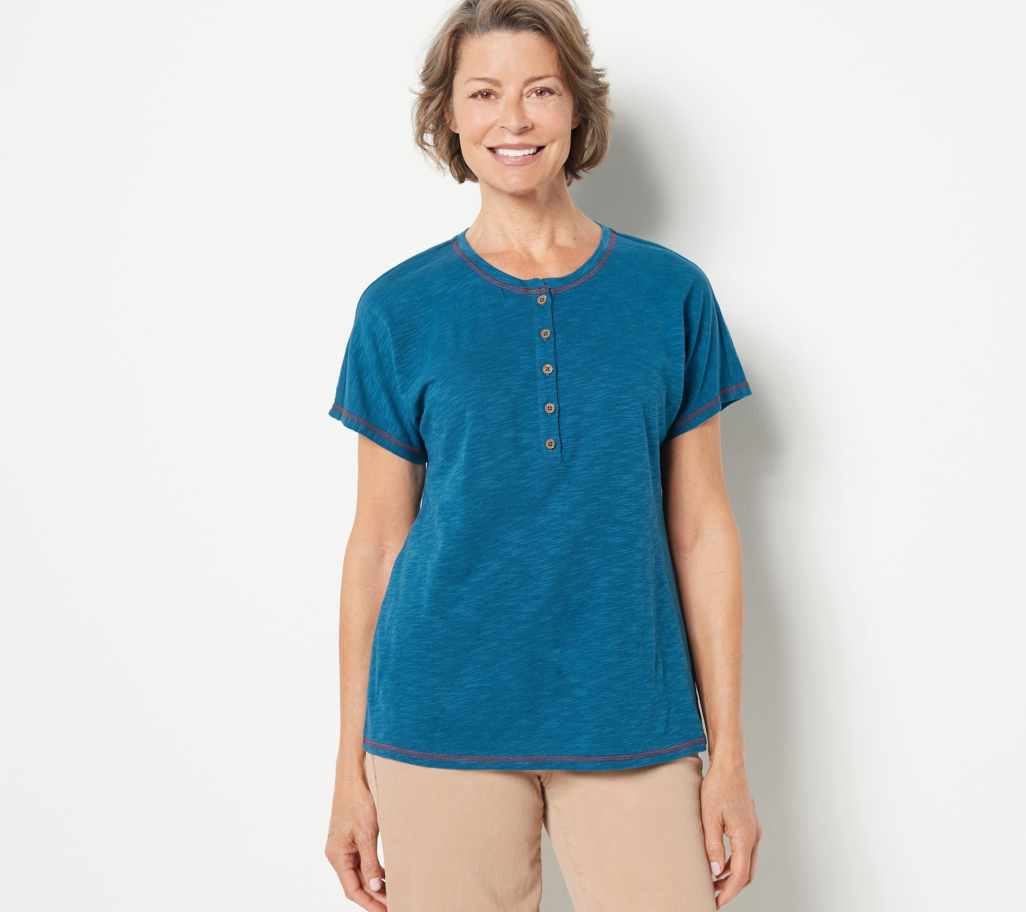 Denim & Co. Women's Top Sz 2XS (XXS) Naturals Henley Round Neck Blue A500905