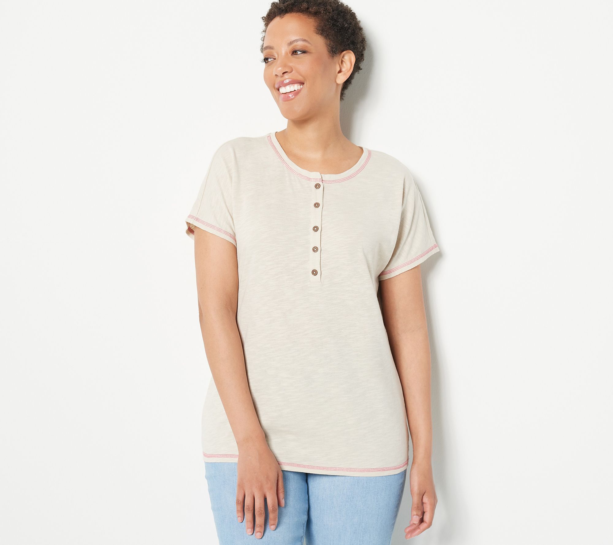 Denim & Co. Women's Top Sz 2XS (XXS) Naturals Henley Round Neck Beige A500905