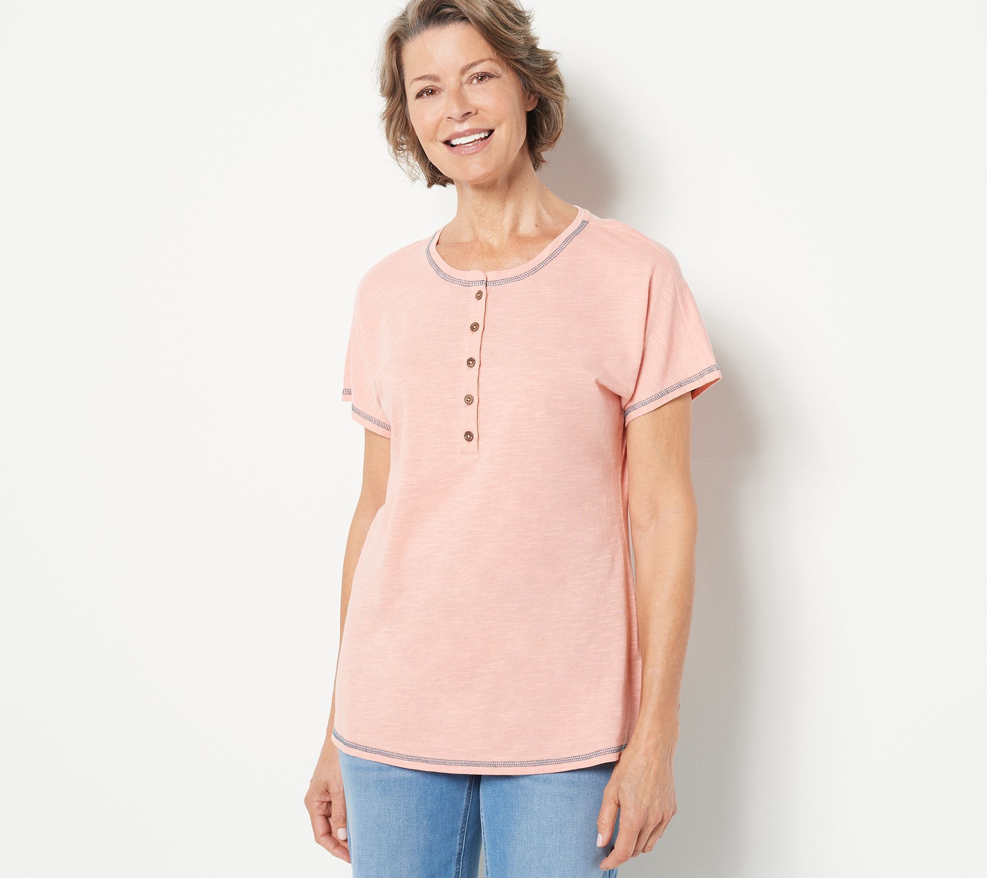 Denim & Co. Women's Top Sz 2XS (XXS) Naturals Henley Round Neck Pink A500905