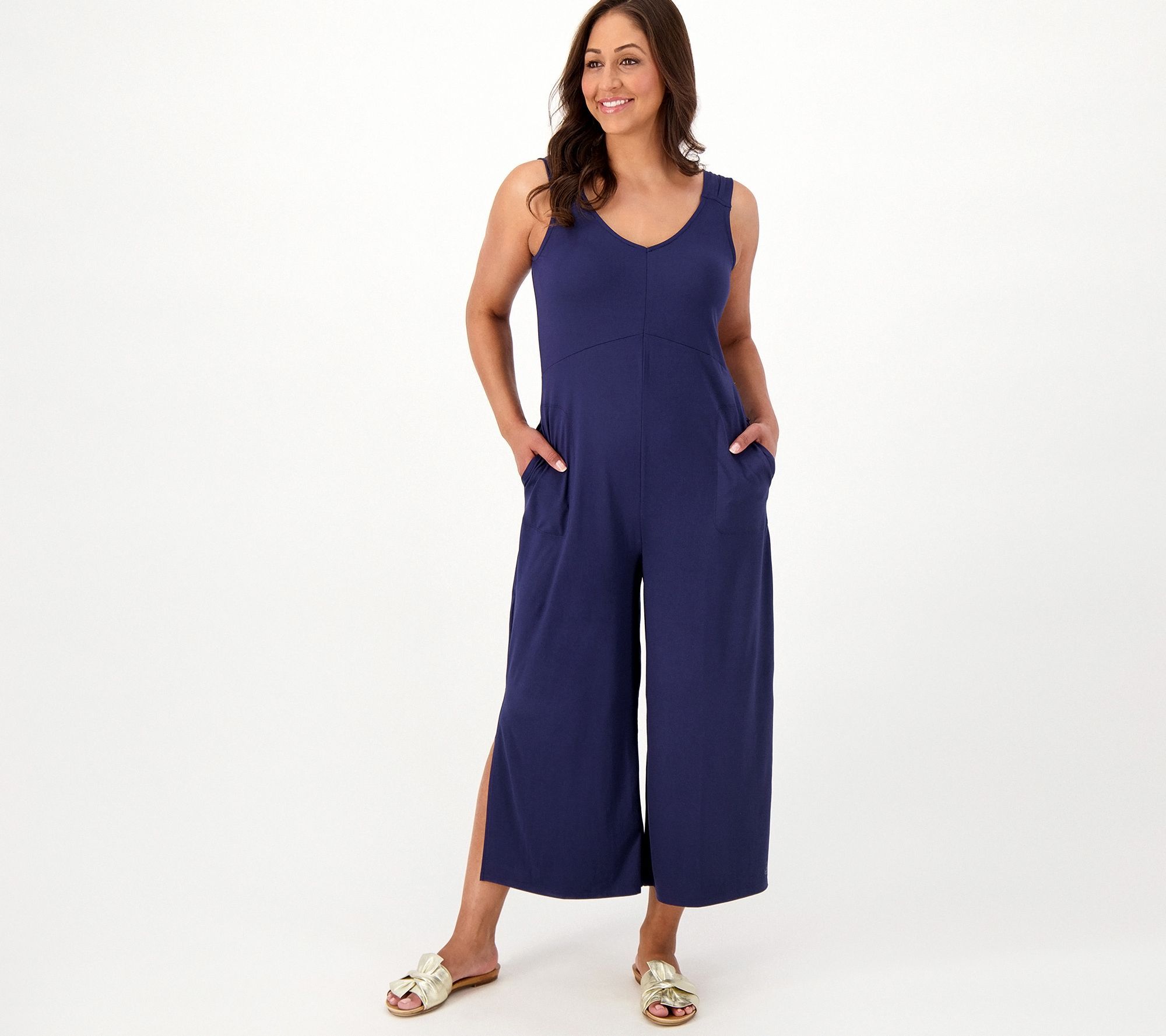 Cuddl Duds Wide Leg Flexwear v-Neck Jumpsuit Women's Jumpsuits Sz S Blue