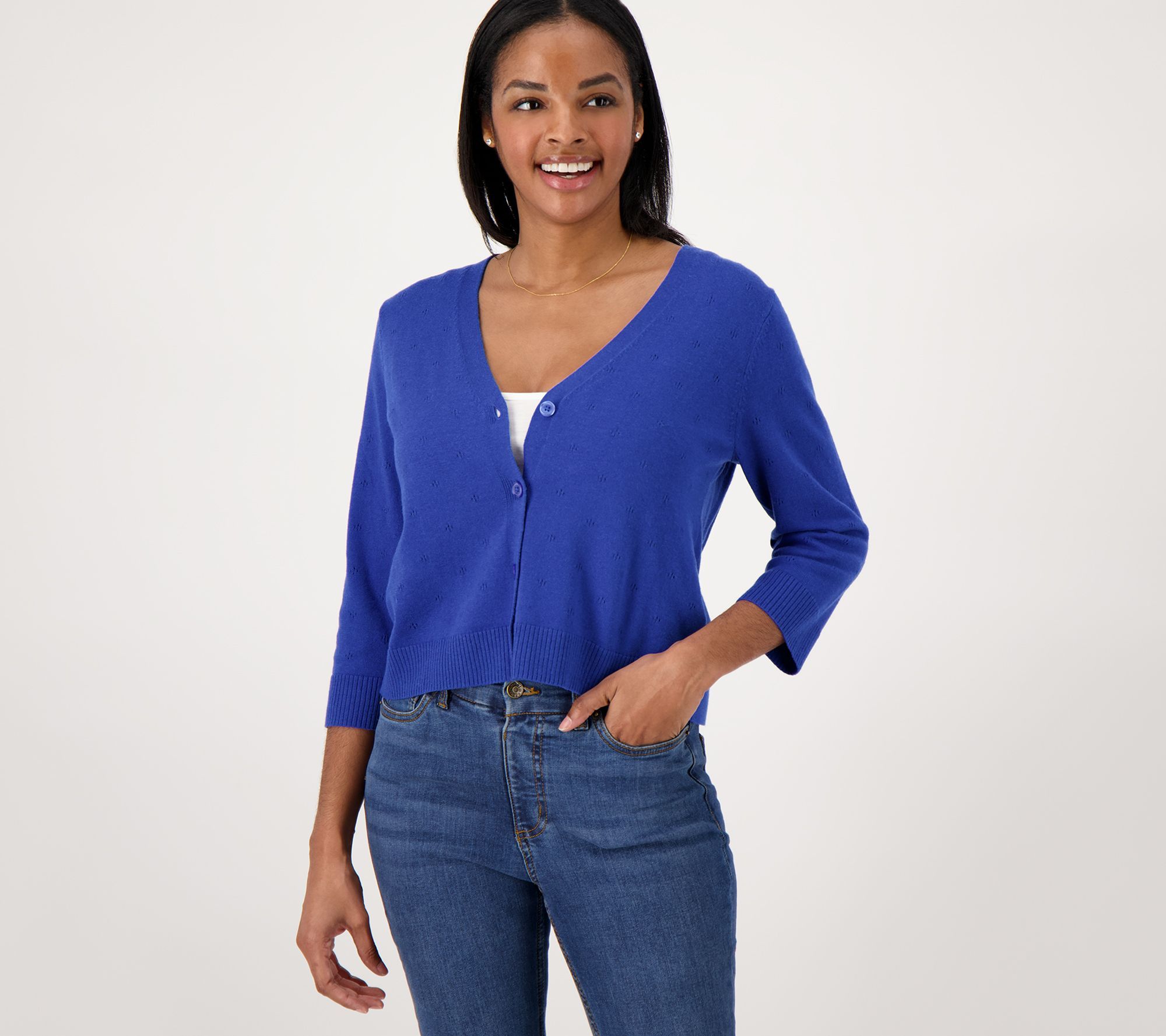 Denim & Co. Pointelle Stitch V-Neck -Sleeve Cardigan Women's Top Sweater Blue