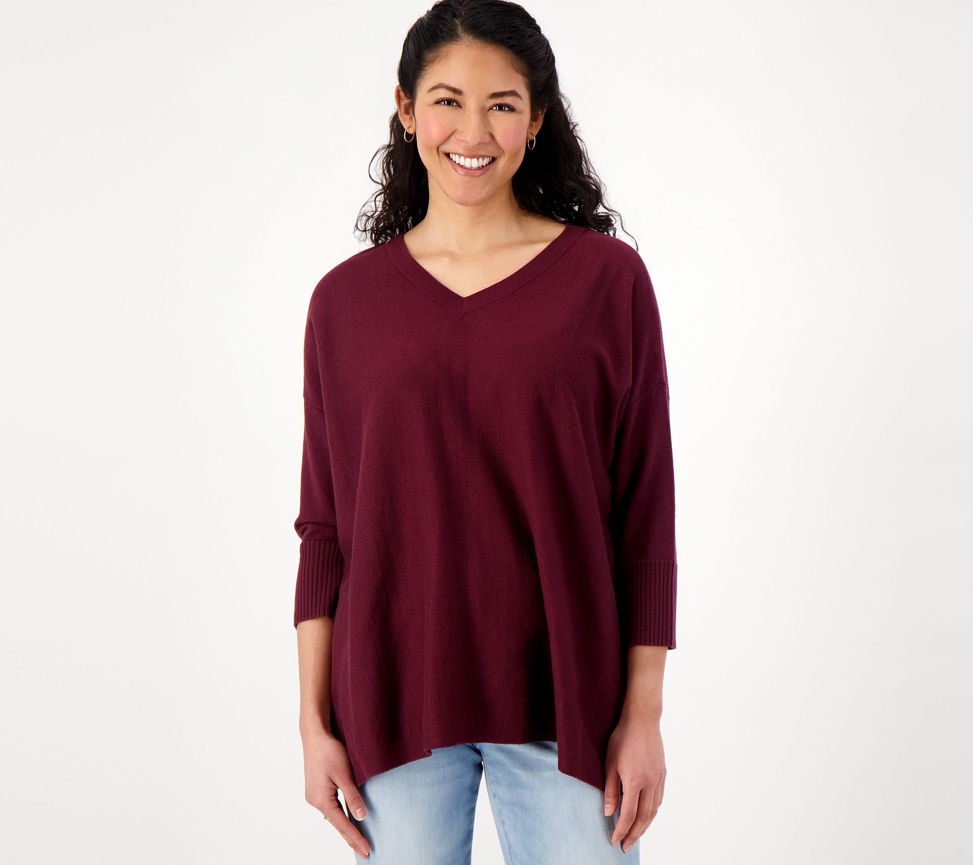 Denim & Co. Women's Top Sz M V-Neck Dolman Sleeve Pullover Red A594537