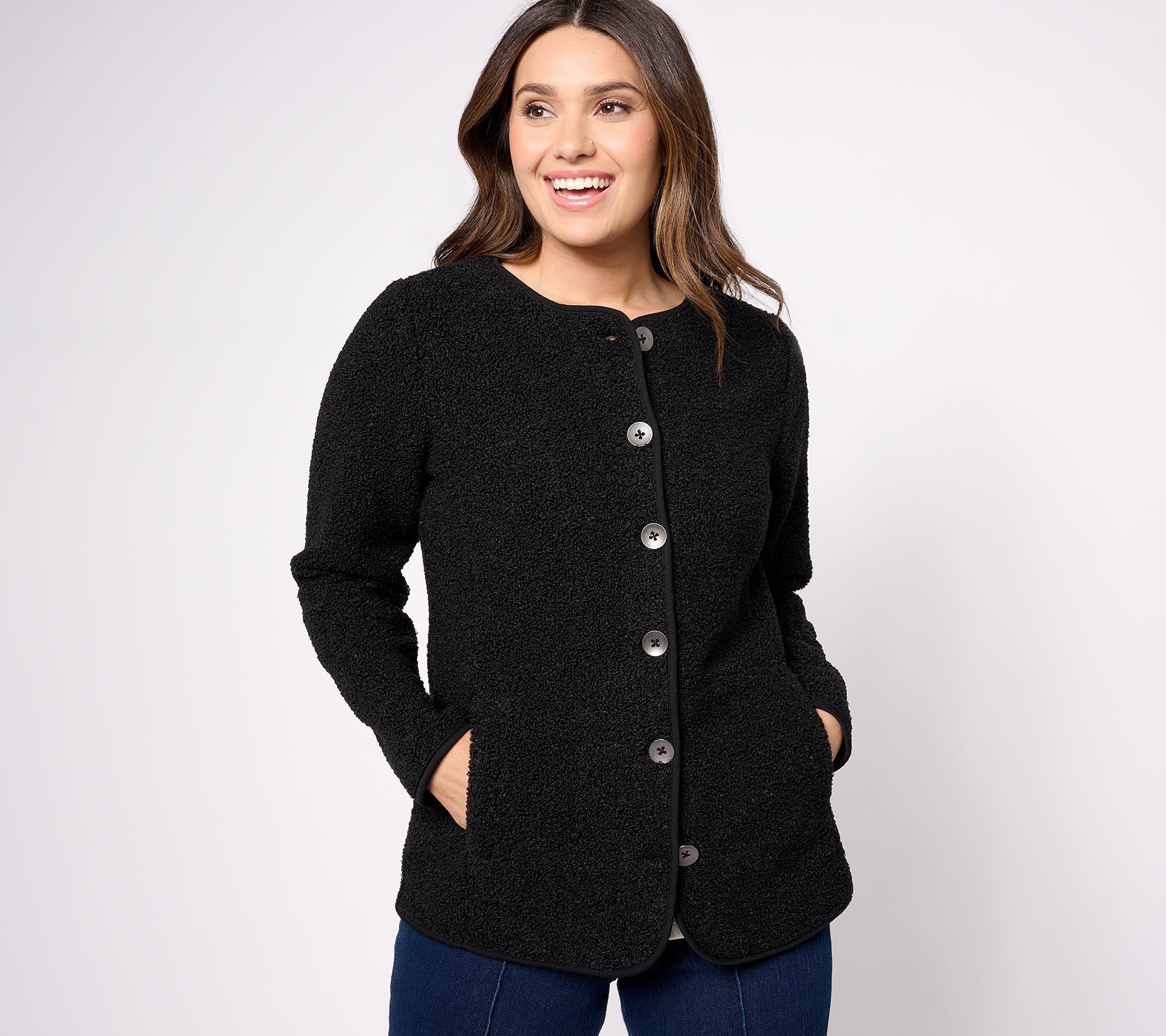 Susan Graver Women's Jacket Sz M Weekend Knit Boucle Collarless Black A618808