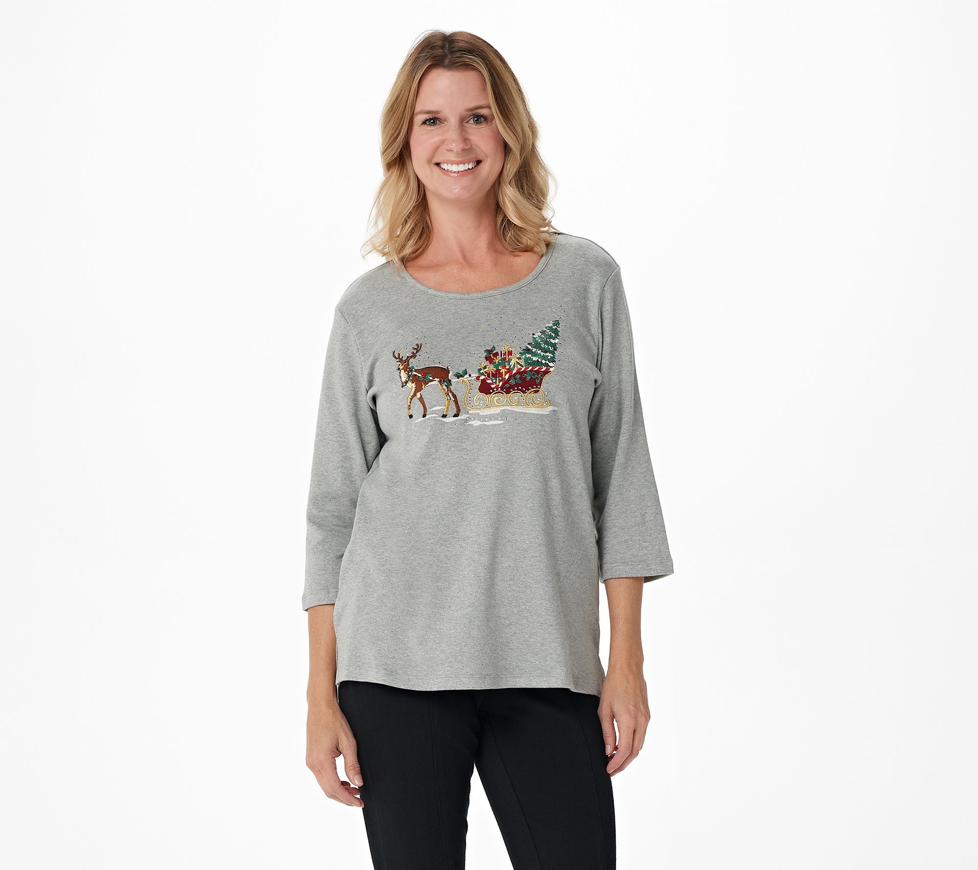 Quacker Factory Women's Top Sz L All is Bright Holiday Bling  Gray A237786