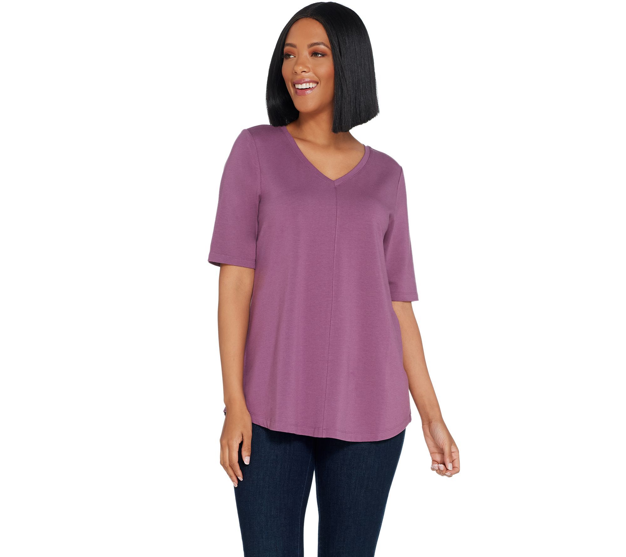 Denim & Co. Women's Top Plus Sz 1X Essentials ElboSleeve with Purple A278986