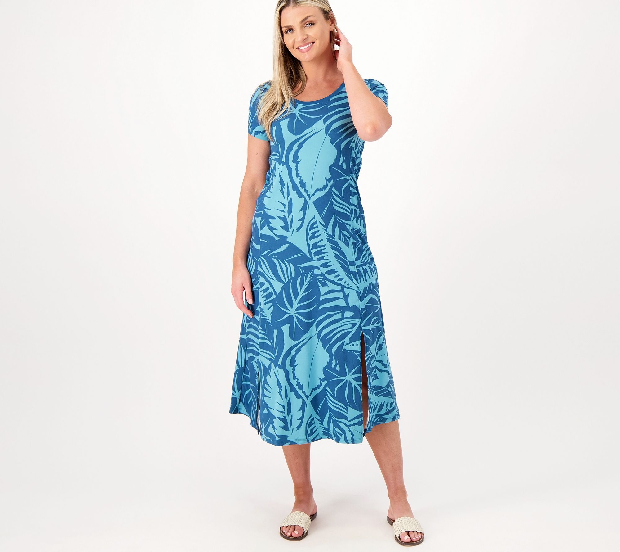 Cuddl Duds Women's Petite Dress 1XP Flexwear Short Sleeve Maxi Blue A373537