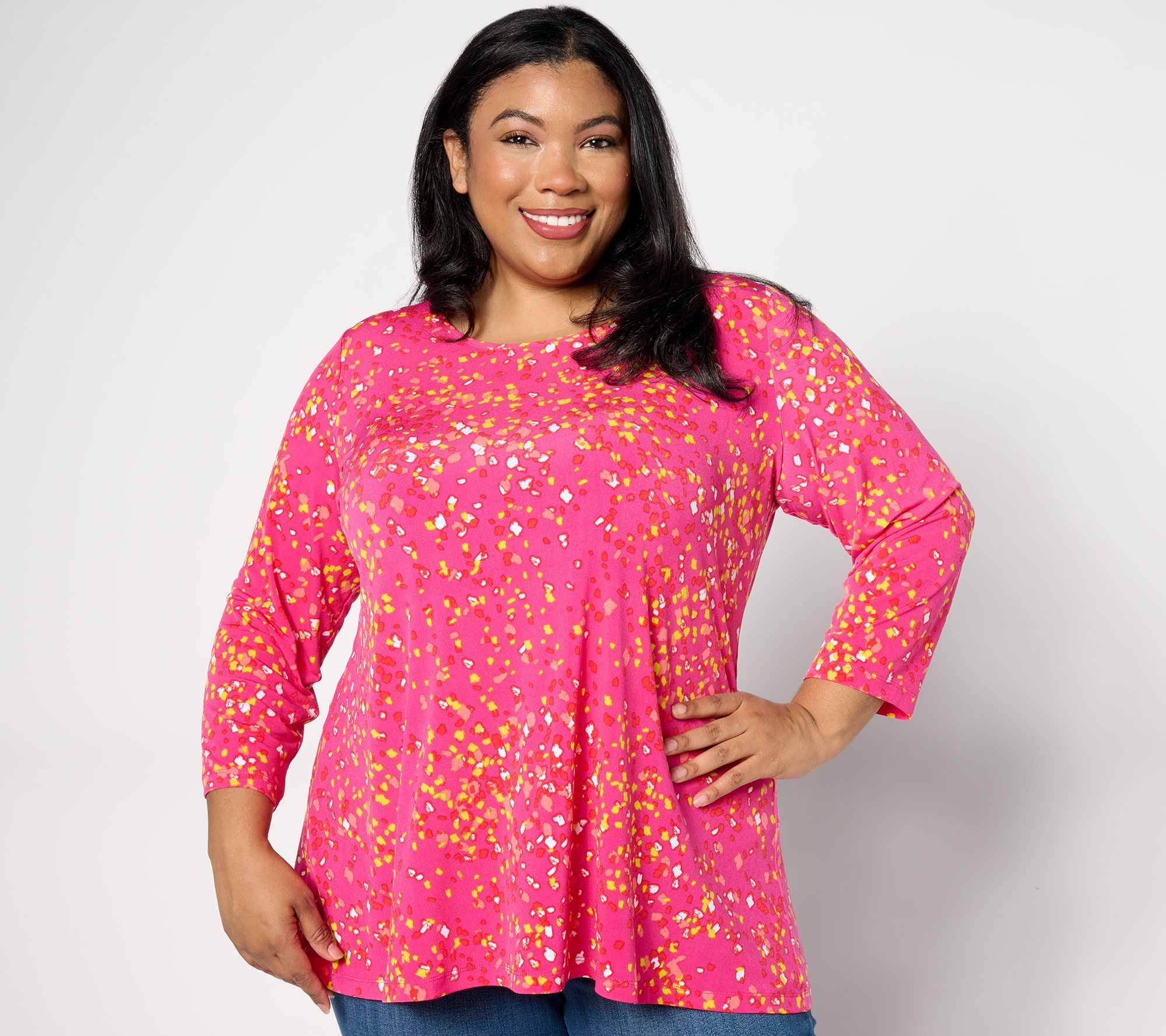 Susan Graver Women's Top Sz XL Printed Liquid Knit A-Line Pink A390498