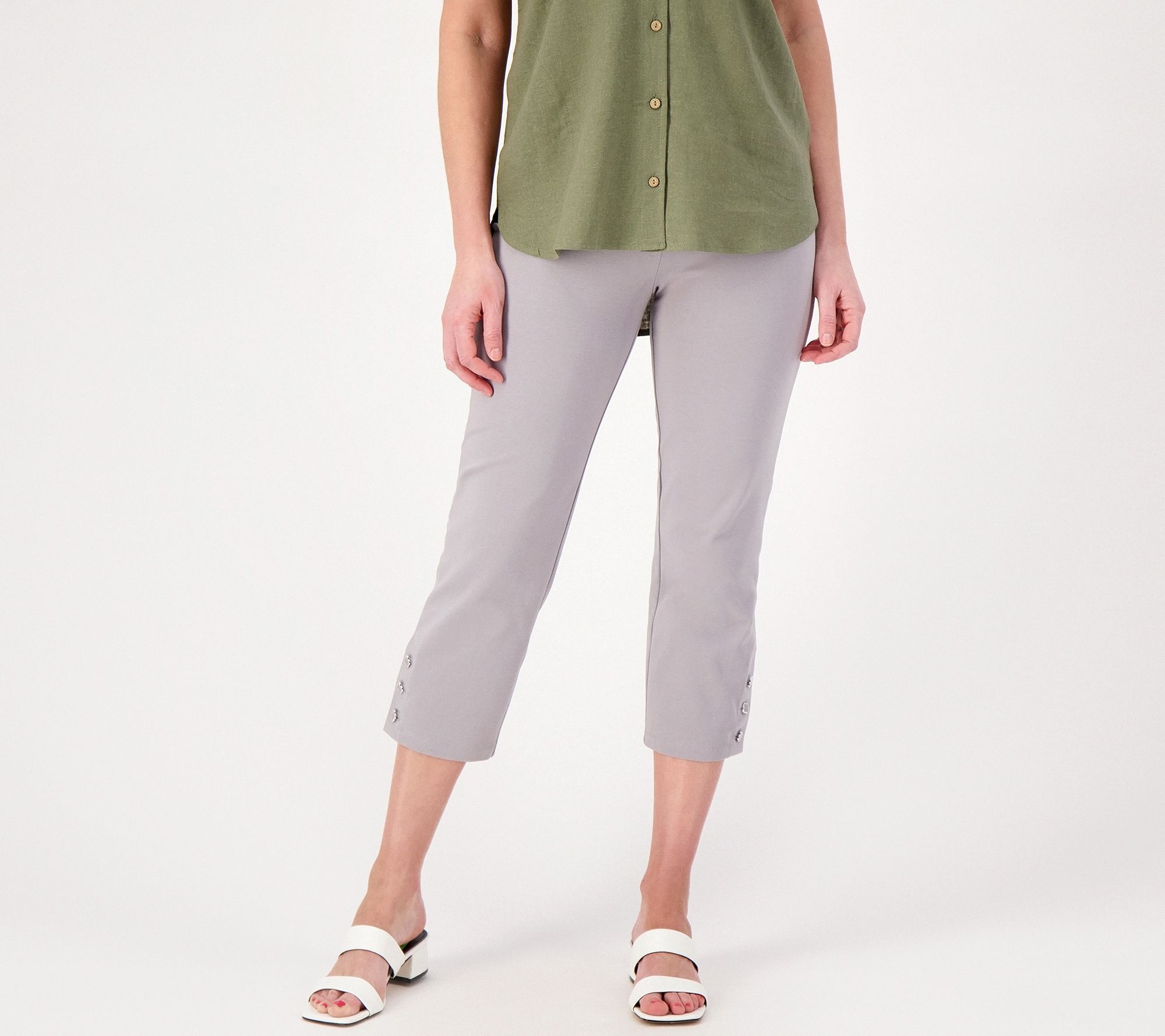 Susan Graver Women's Petite Pants PXL Weekend Premium Crop BUtton Gray A397797