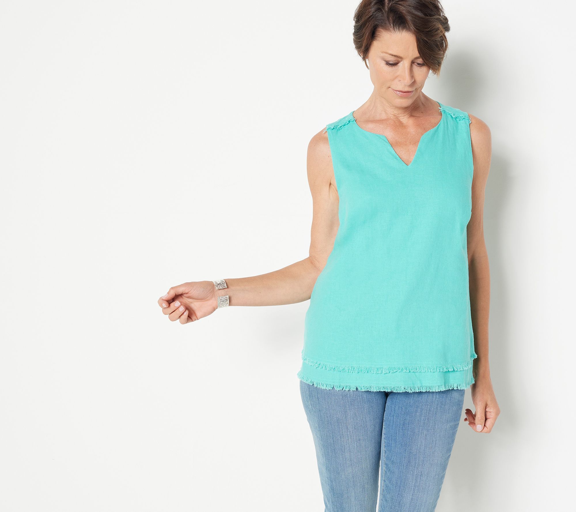 Susan Graver Women's Top Sz XS Washed Linen Blend Sleeveless w Blue A477095