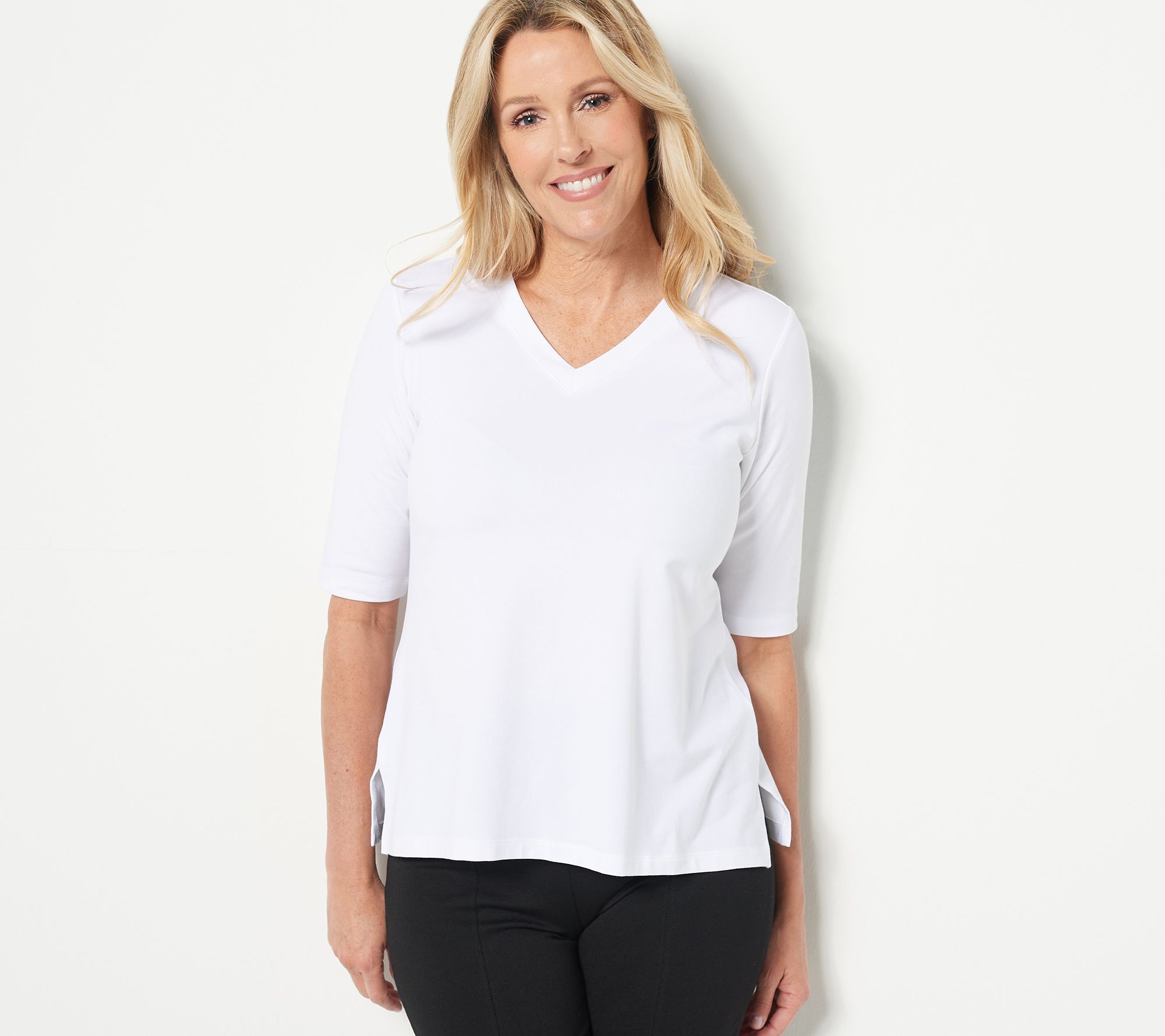 WomenControl Women's Top Plus Sz 4X Washed Cotton V-Neck Elbow Ivory A514261