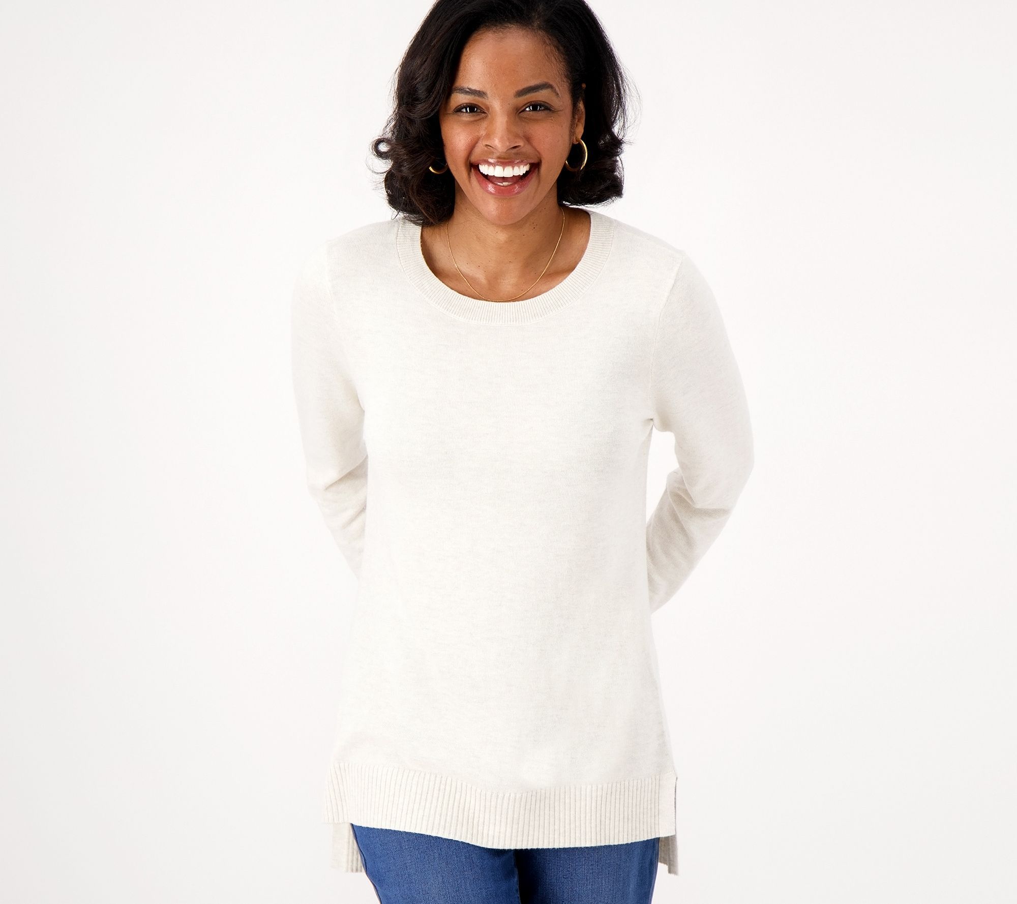 Denim & Co. Women's Top Plus Sz Sweater 3X Crew Neck Long Sleeve White A515549