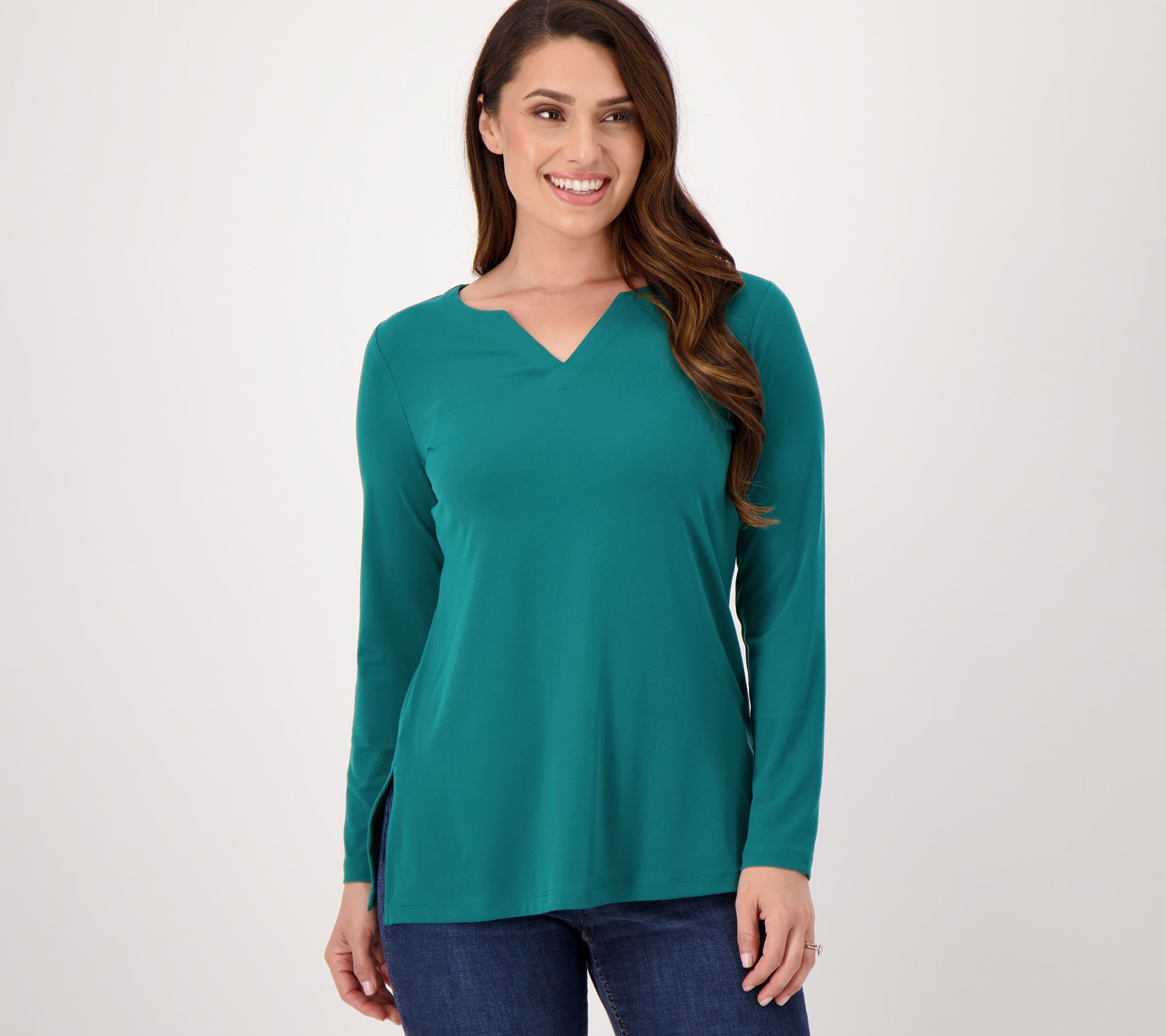 Susan Graver Women's Top Petite PL Essentials Liquid Green A544637