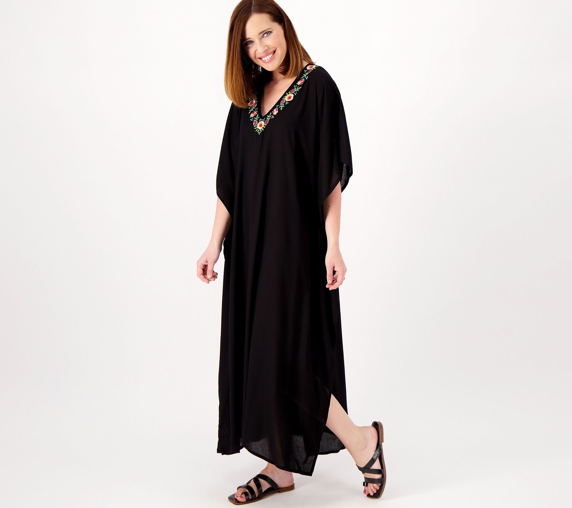 America & Beyond Women's Dress Sz XL Embroidered V Neck Caftan Black A553150