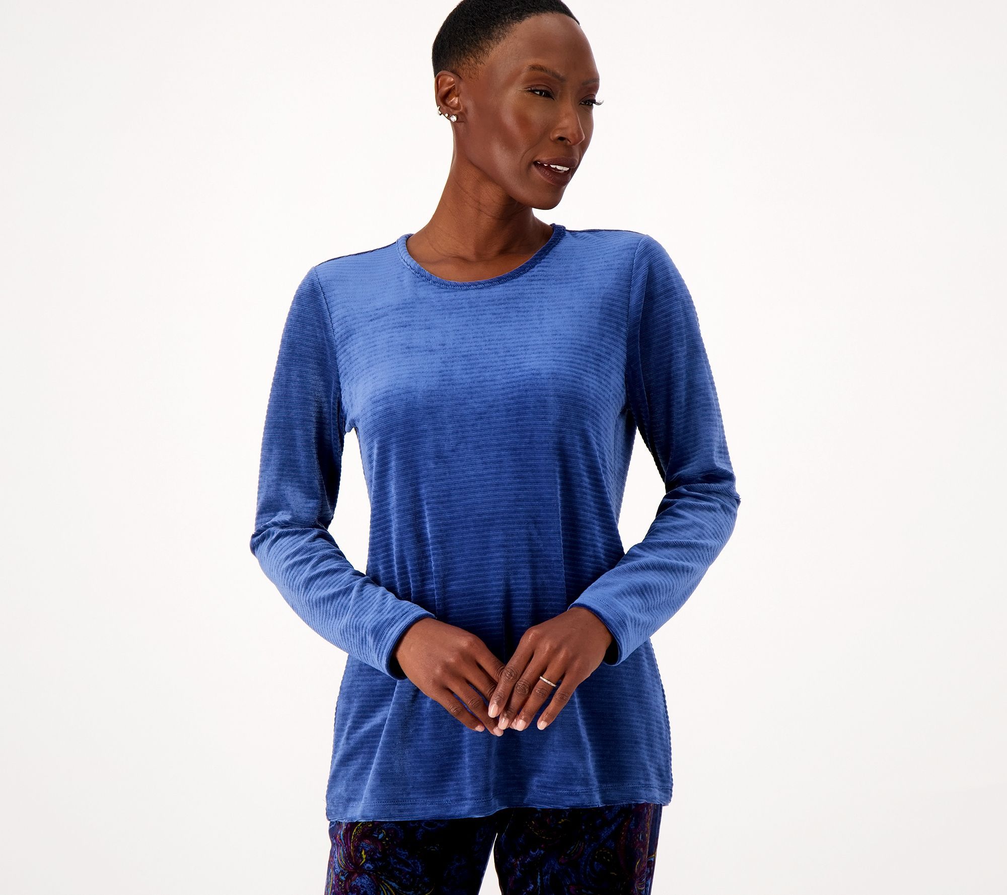 Susan Graver Women's Top Sz XL Weekend Ribbed Velour Long Sleeve Blue A554255