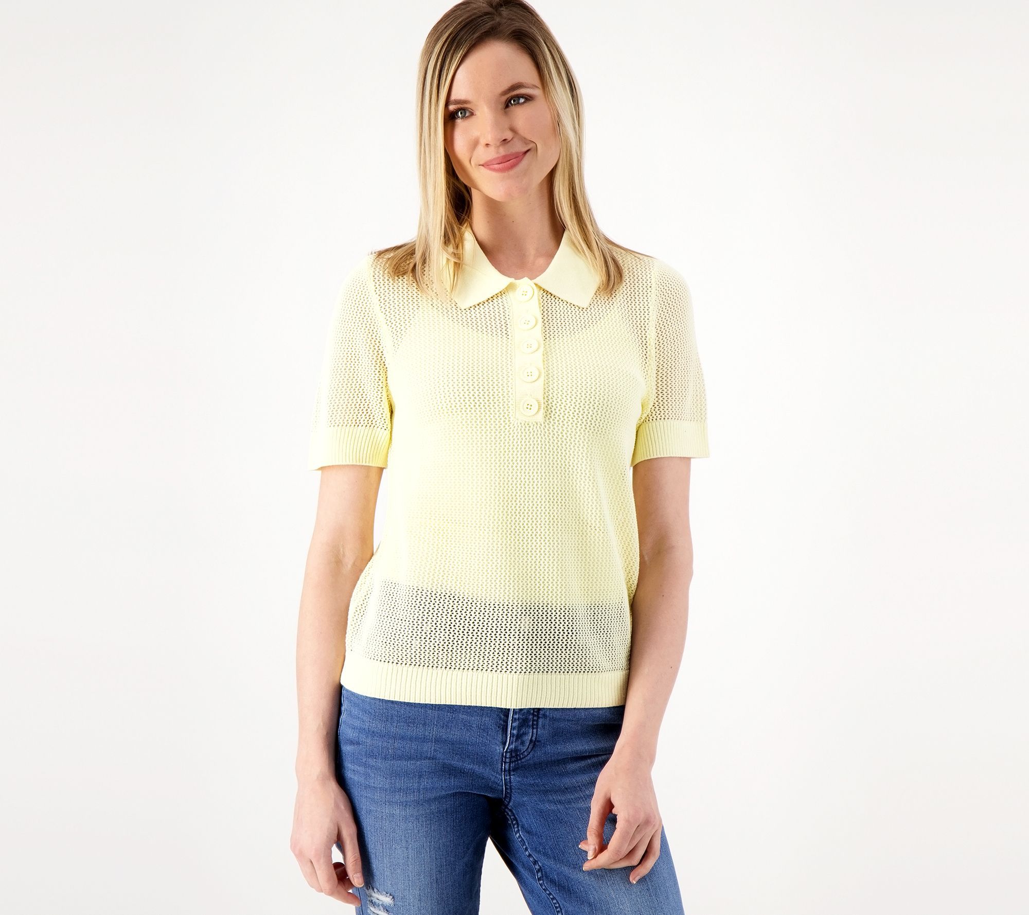 Peace Love World Women's Top Sz M Short-Sleeve Sweater Polo Yellow A596303