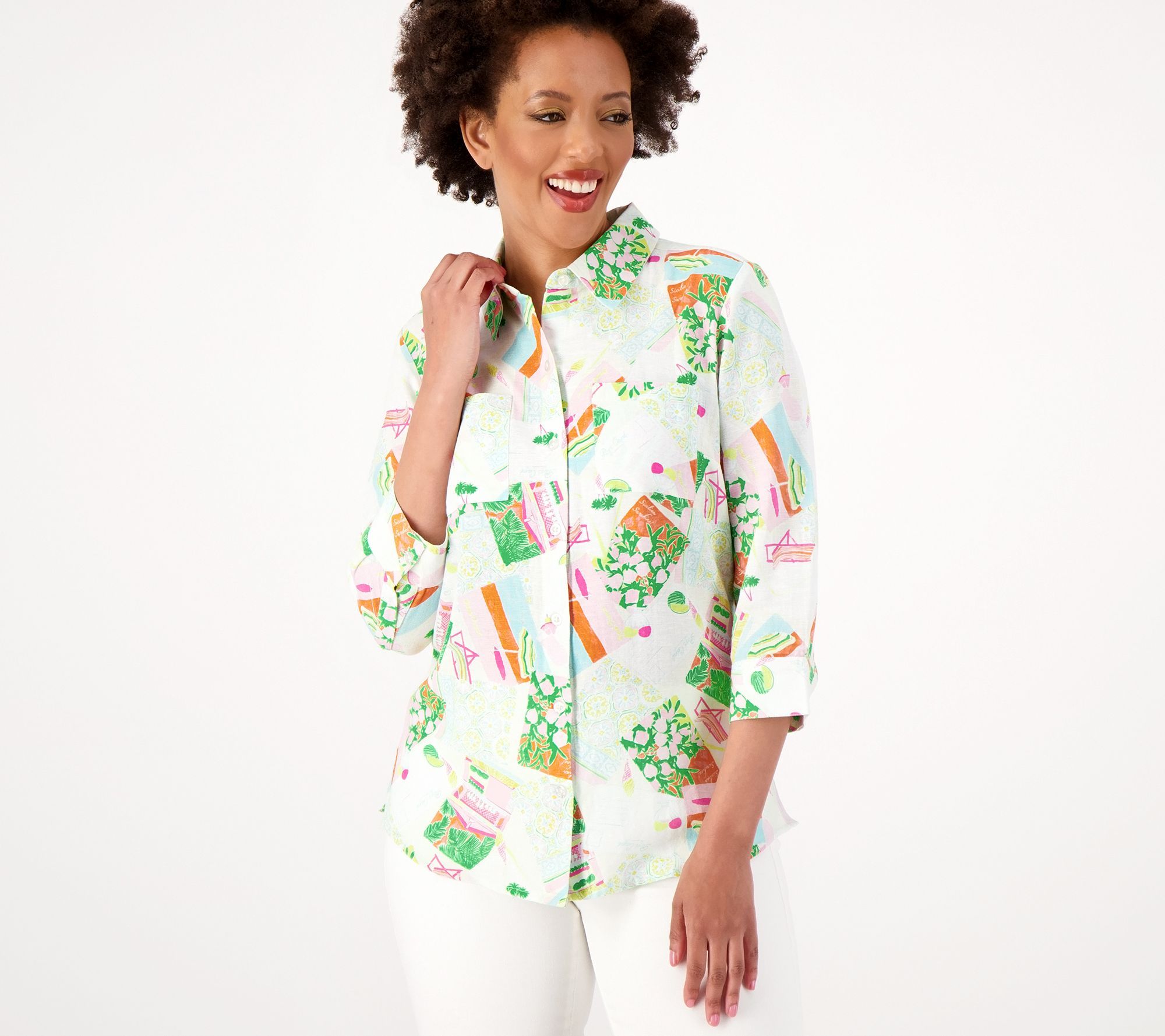 Denim & Co. Women's Top Sz 2XS (XXS) Printed Cotton Linen Multi-colored A601456