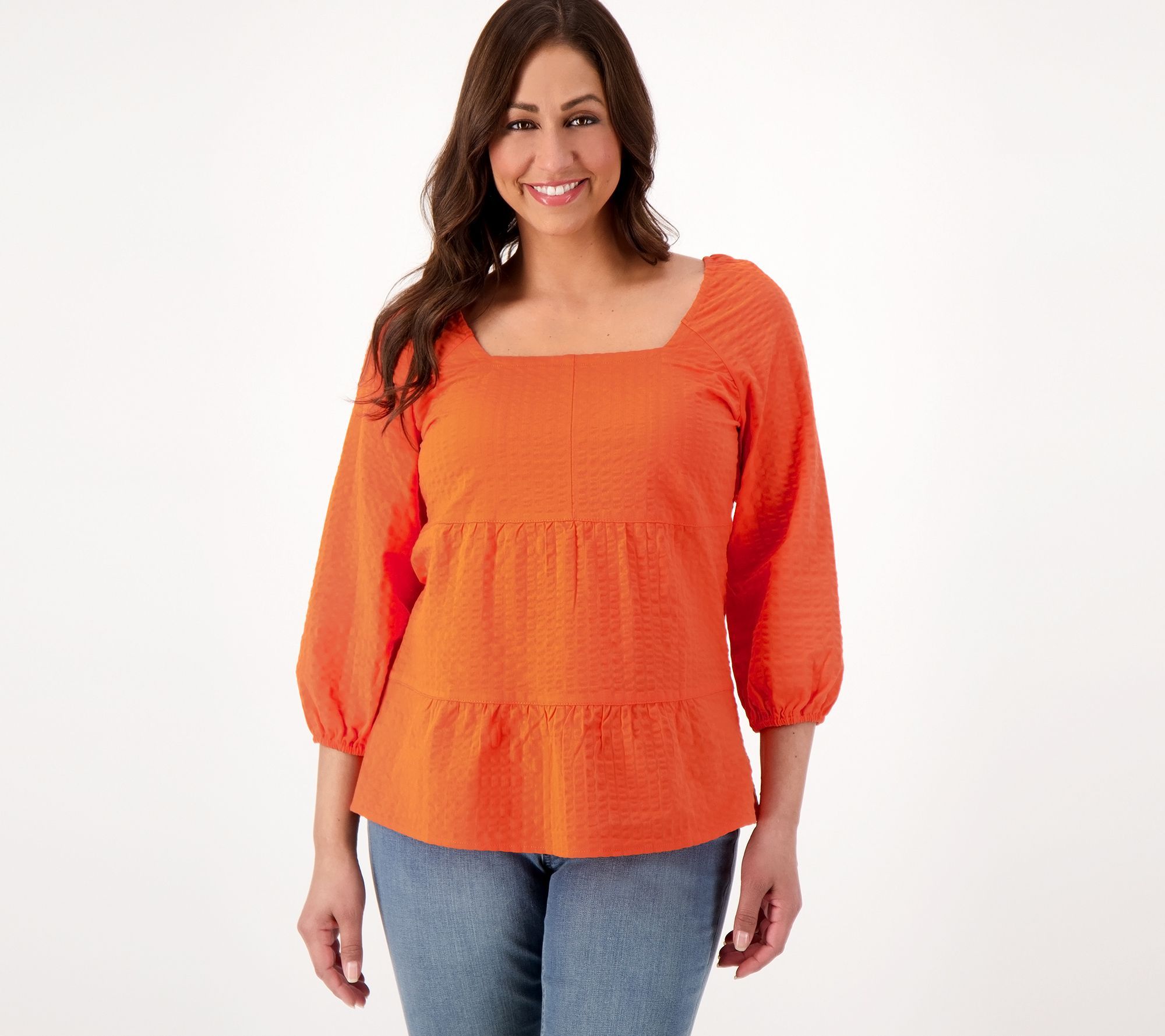 Denim & Co. Women's Top Plus Sz 1X Tiered TopElastic Neckline Orange A602889