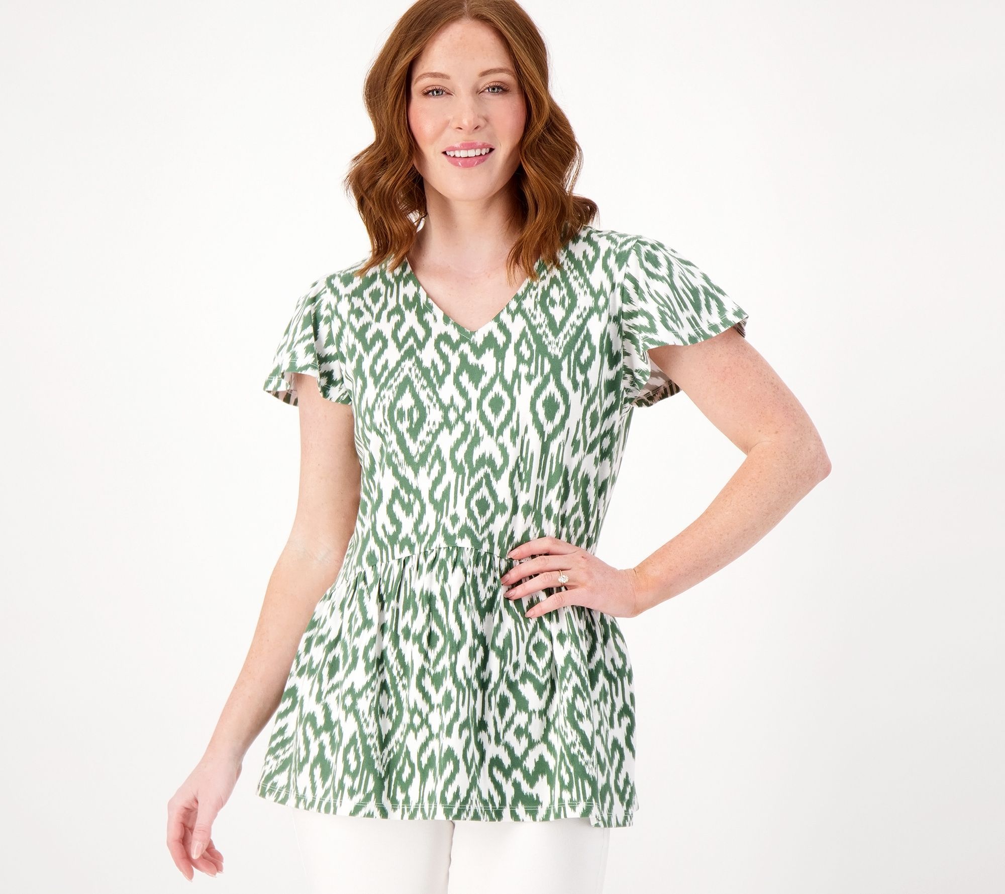 Denim & Co. Women's Top Sz 2XS (XXS) Printed Favorite Jersey V-Neck Green A602896