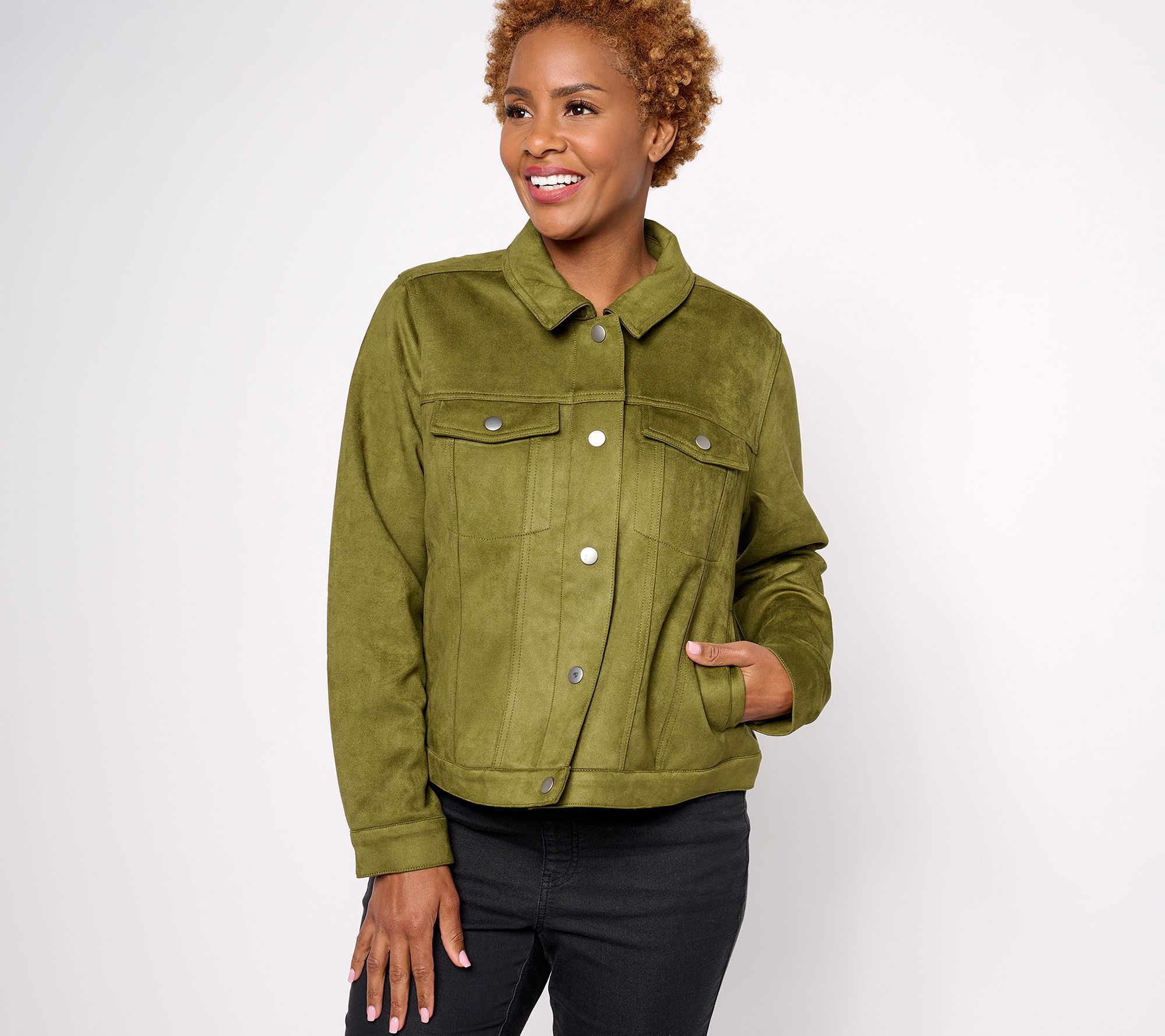 Denim & Co. Women's Plus Sz Jacket 1X Adaptive Classic Faux Suede Green A611520