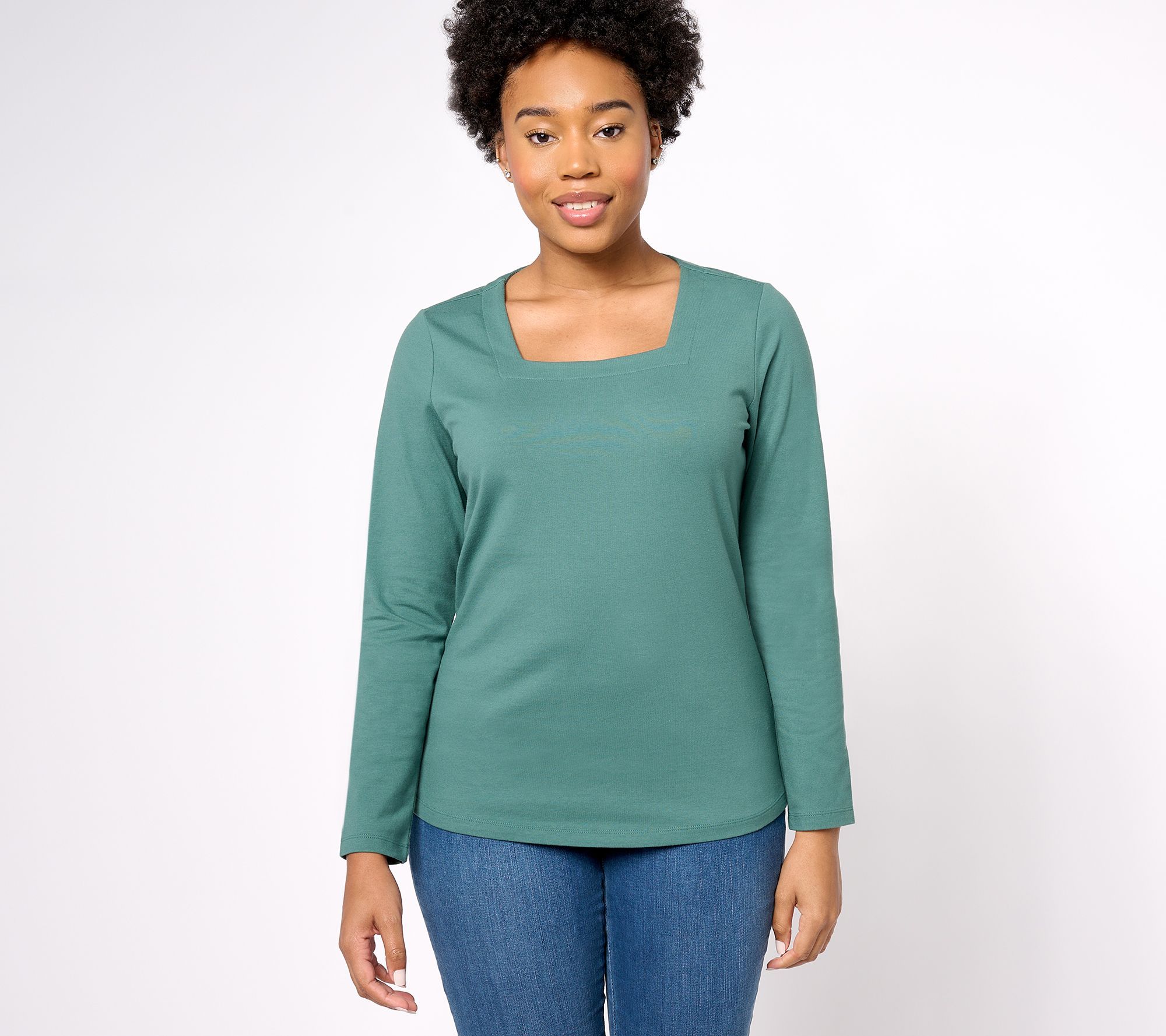 Denim & Co. Women's Top Sz L Essentials Perfect Jersey Long Slv Green A617631