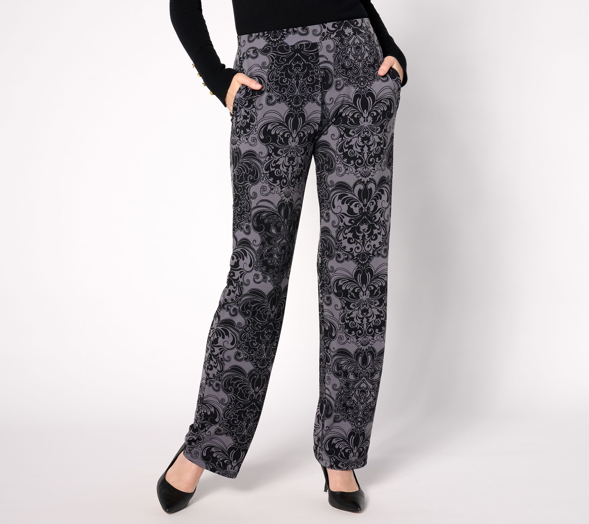 Susan Graver Women's Petite Pants PXL Printed Liquid Knit Sofia Gray A618821
