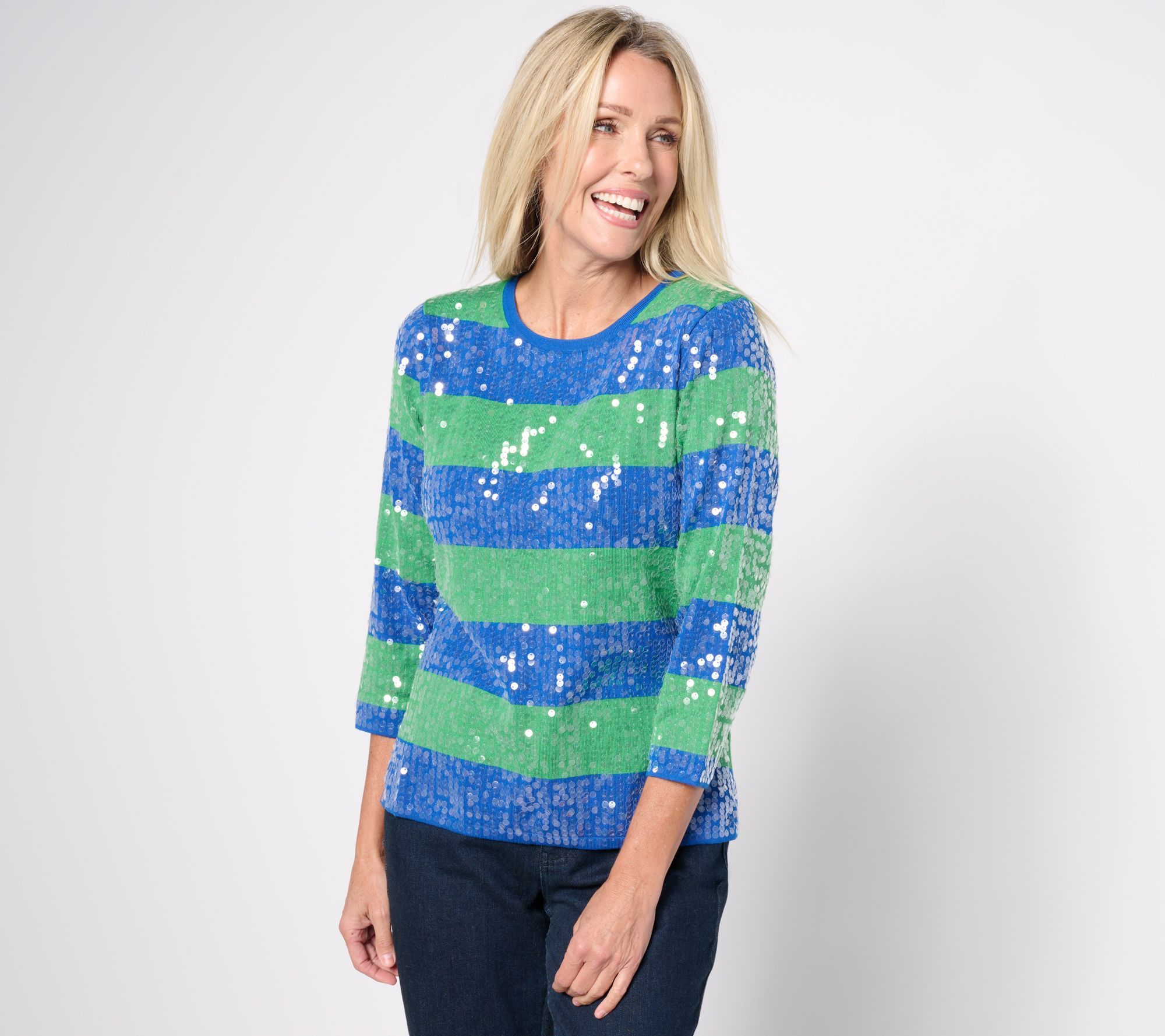 Isaac Mizrahi Live! Women's Top Sweater Sz M Sequin Rugby Stripe  Green A620561