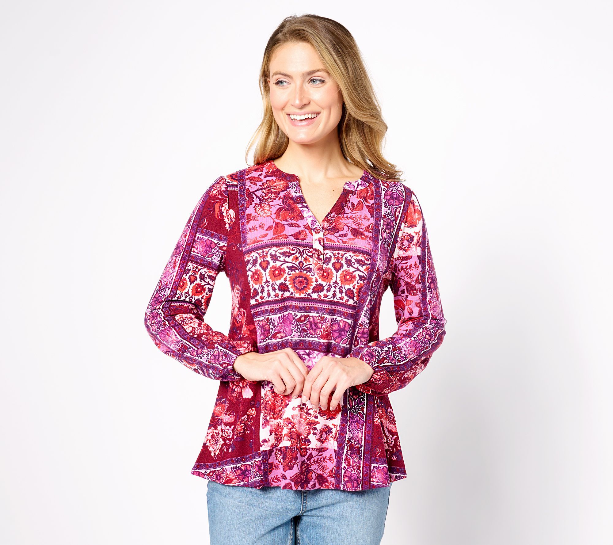 Denim & Co. Women's Top Sz L Patchwork Print Heavenly Jersey Pink A624126