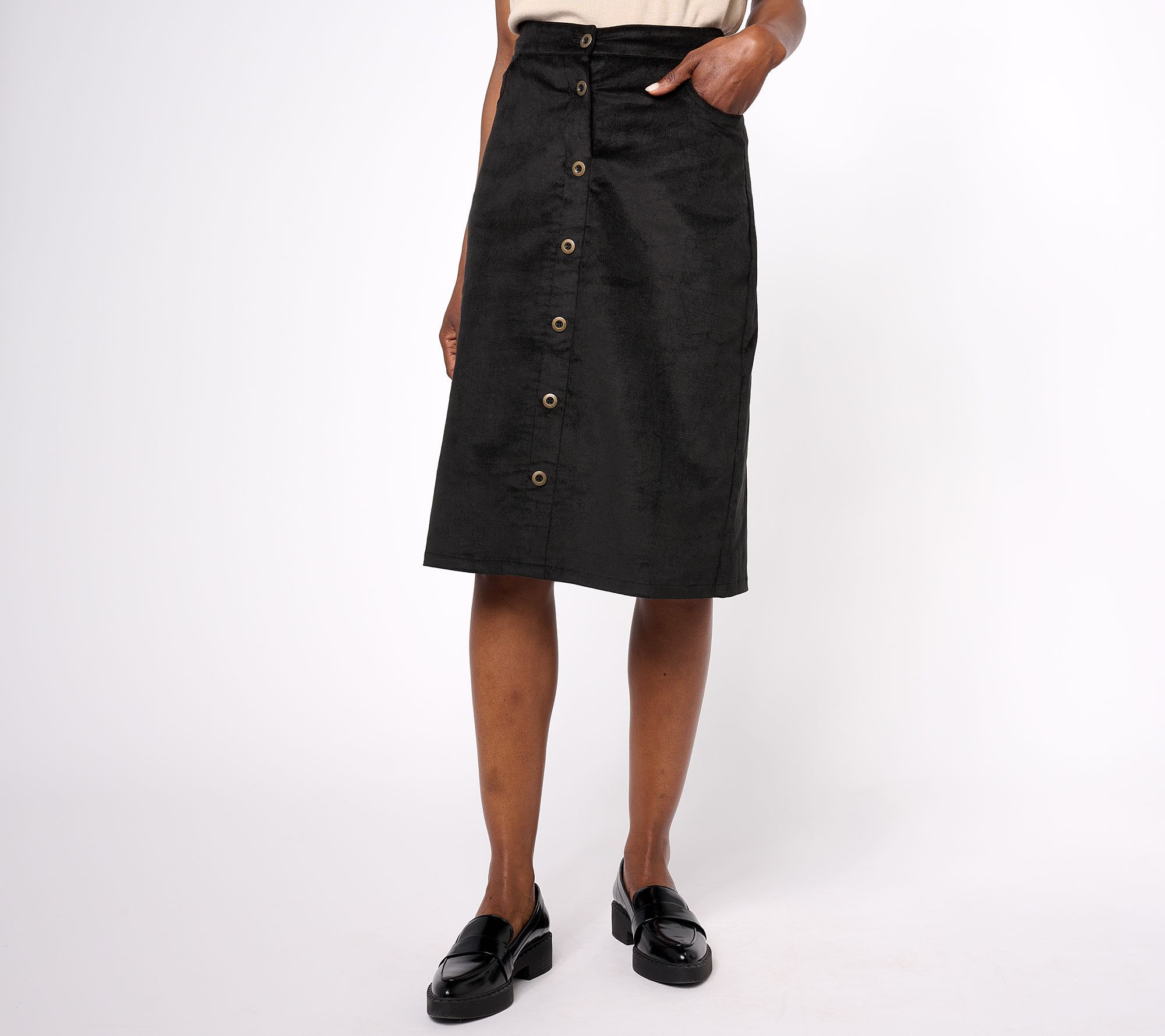 Denim & Co. Women's Skirt Sz M Button Front Corduroy Black A624133