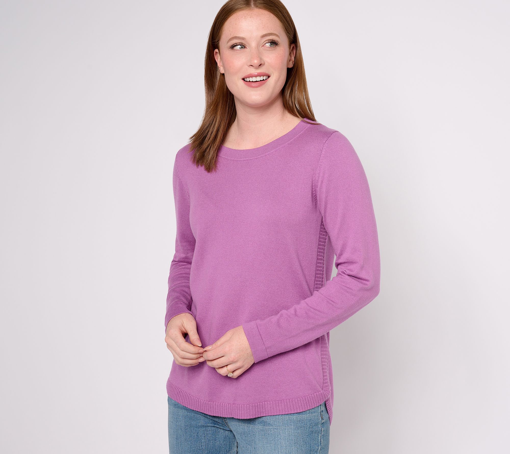 Denim & Co. Women's Top Sweater Sz L Round Neck Long Sleeve Purple A624148