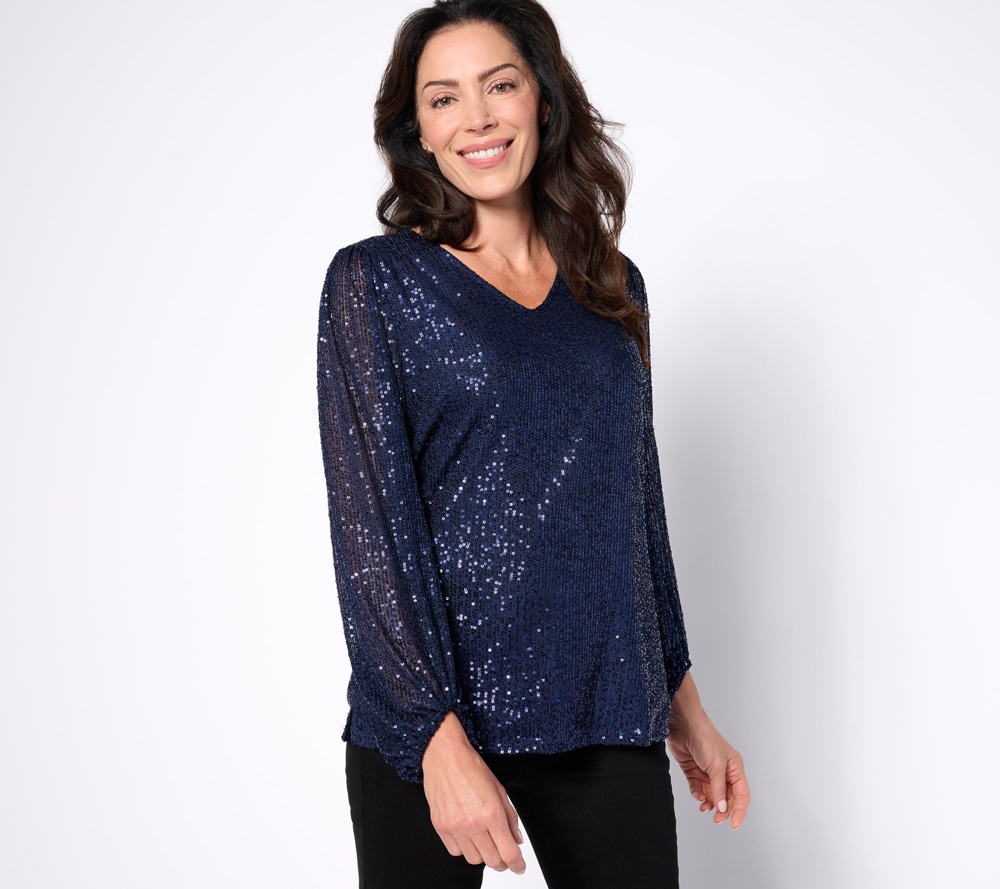 Belle by Kim Gravel Women's Top Sz M Jingle Belles Sequin Mesh Blue A624948