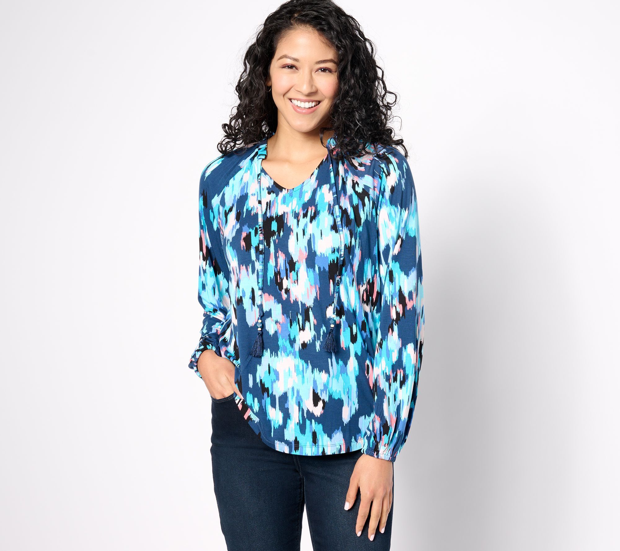 Belle by Kim Gravel Women's Top Sz L Fresh Start Abstract Print Blue A627969