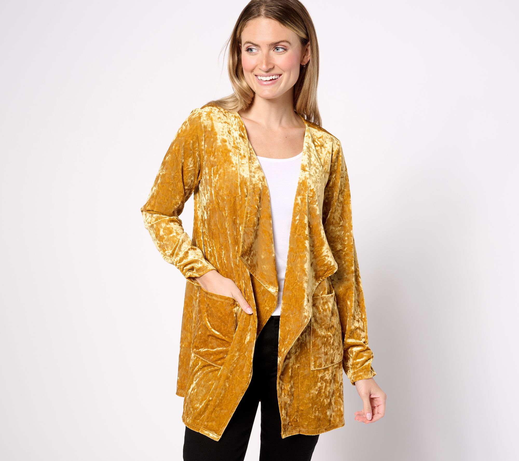 Denim & Co. Women's Jacket Sz L Canyon Retreat Crushed Velvet Yellow A627980