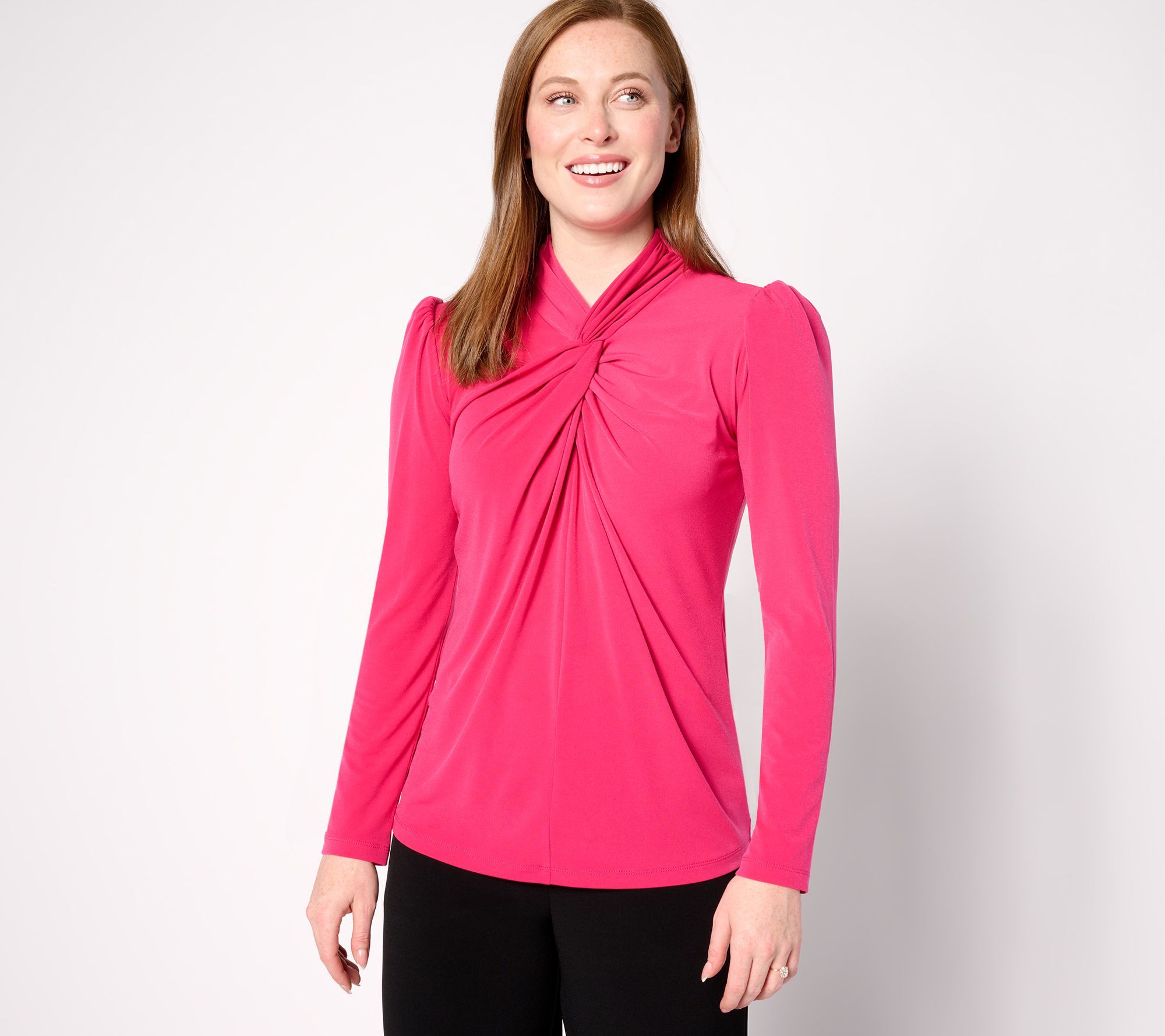 Susan Graver Women's Top Sz M Liquid Knit Twist-Front Mock-Neck Pink A630798