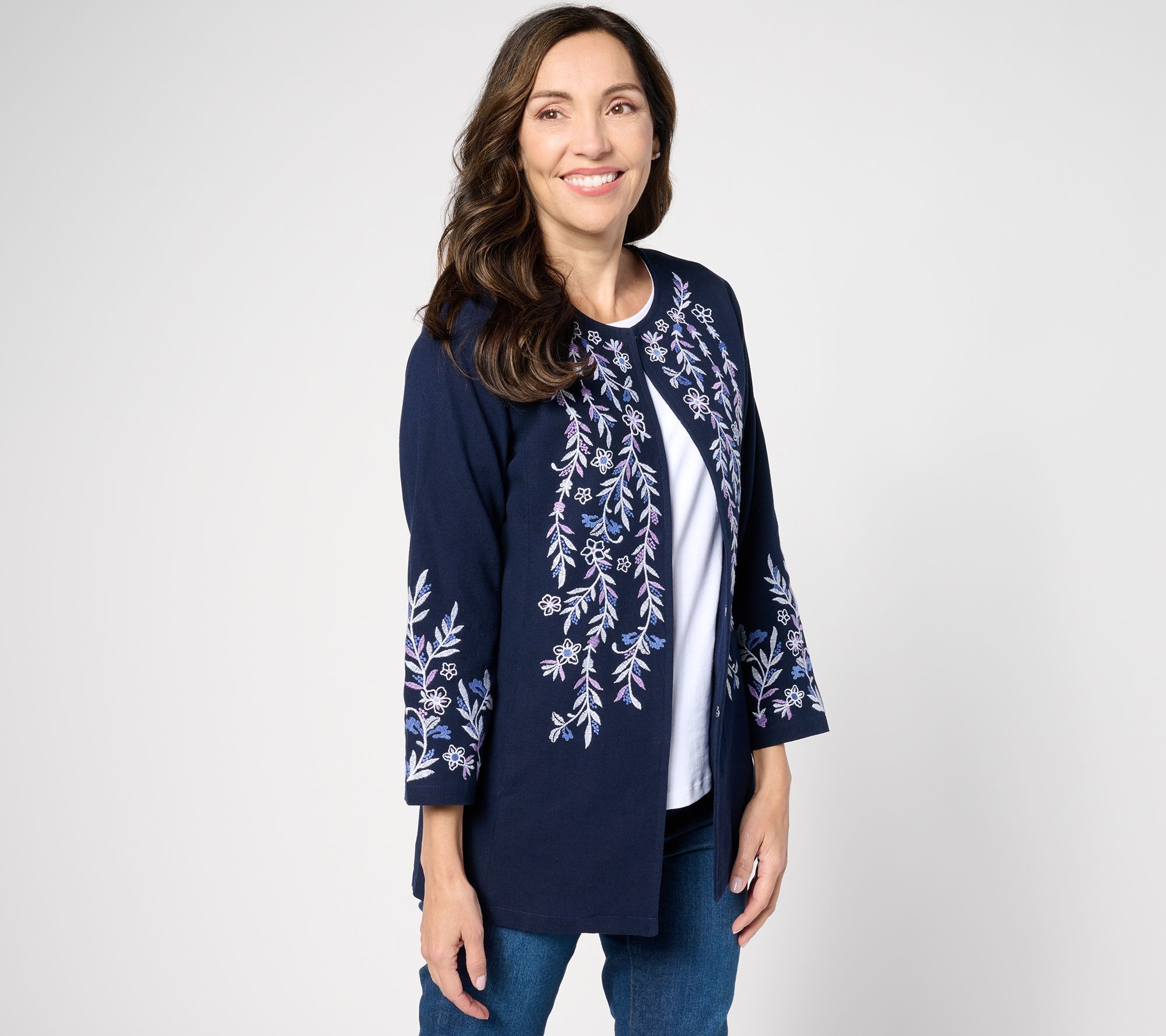 Susan Graver Women's Plus Sz Jacket 2X Embroidered Cotton Blue A630816