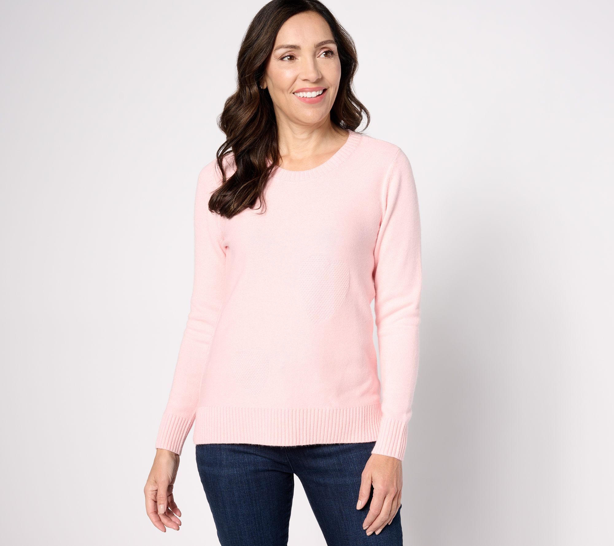 Denim & Co. Women's Top Plus Sz Sweater 2X Heart Stitch Long Sleeve Pink A635945