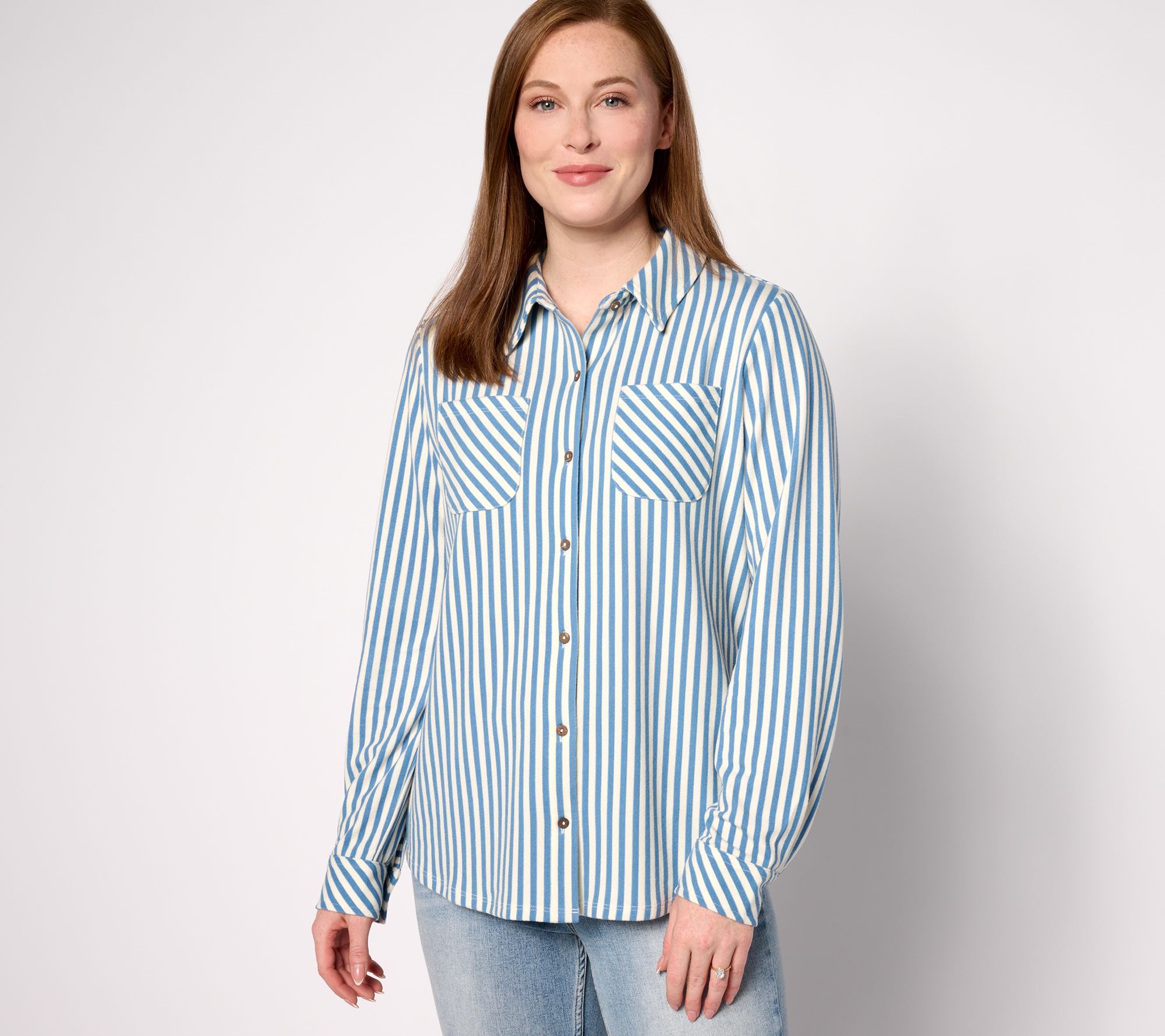 Denim & Co. Women's Top Plus Sz 1X Striped Heavenly Jersey Button Blue A635975