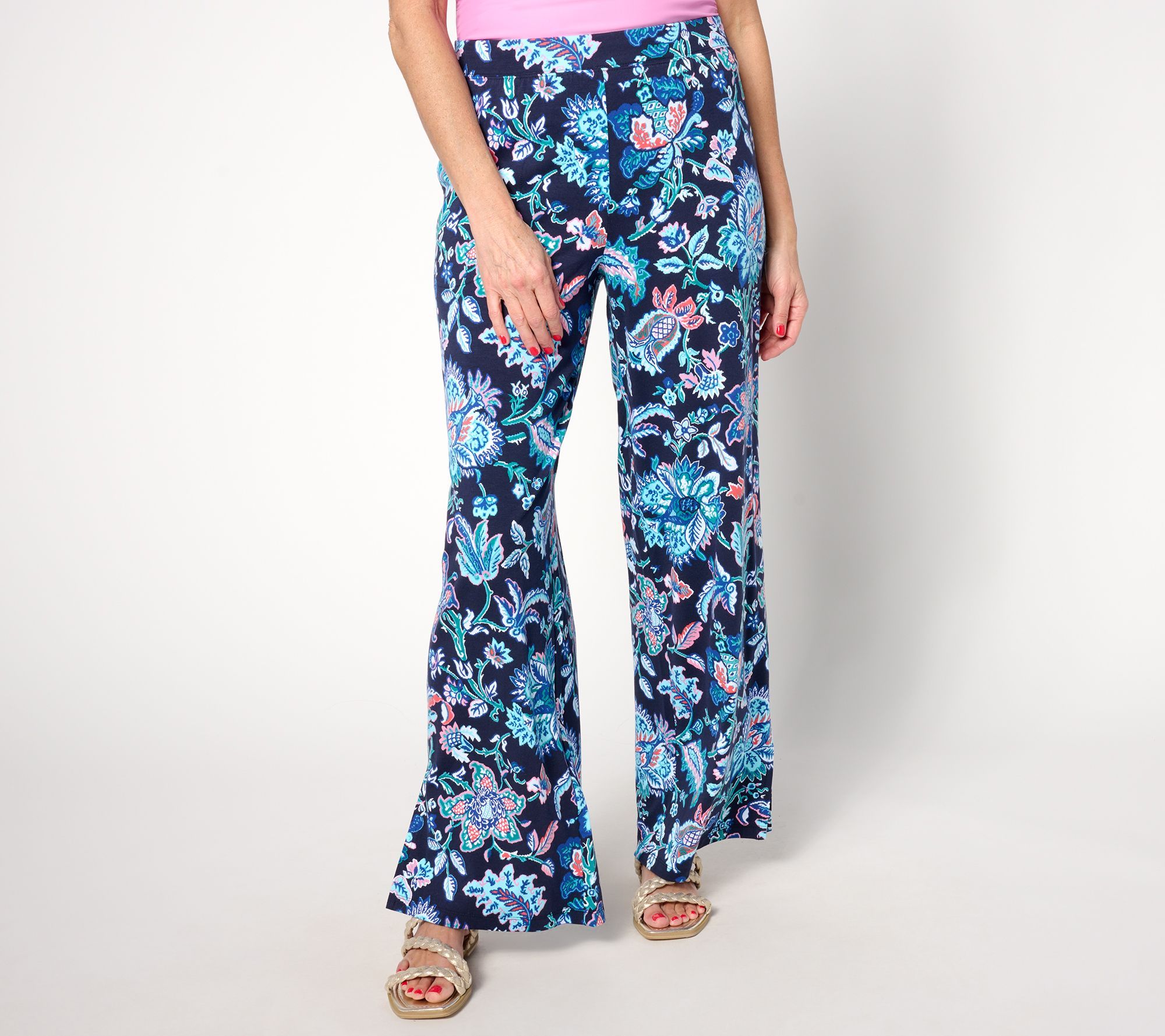 Denim & Co. Women's Pants Sz XL Beach Jersey Wide Leg Pant Multi-colored A637289