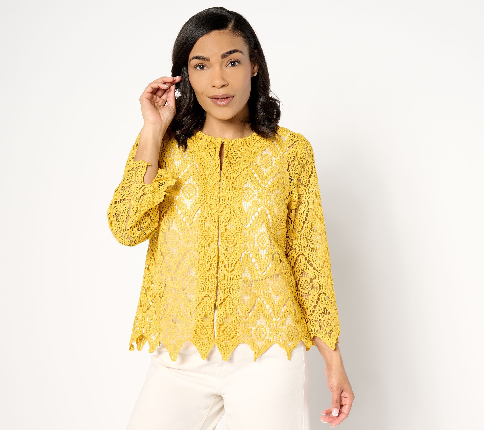 Susan Graver Women's Top Sz M Occasions Scalloped Edge Lace Yellow A638787