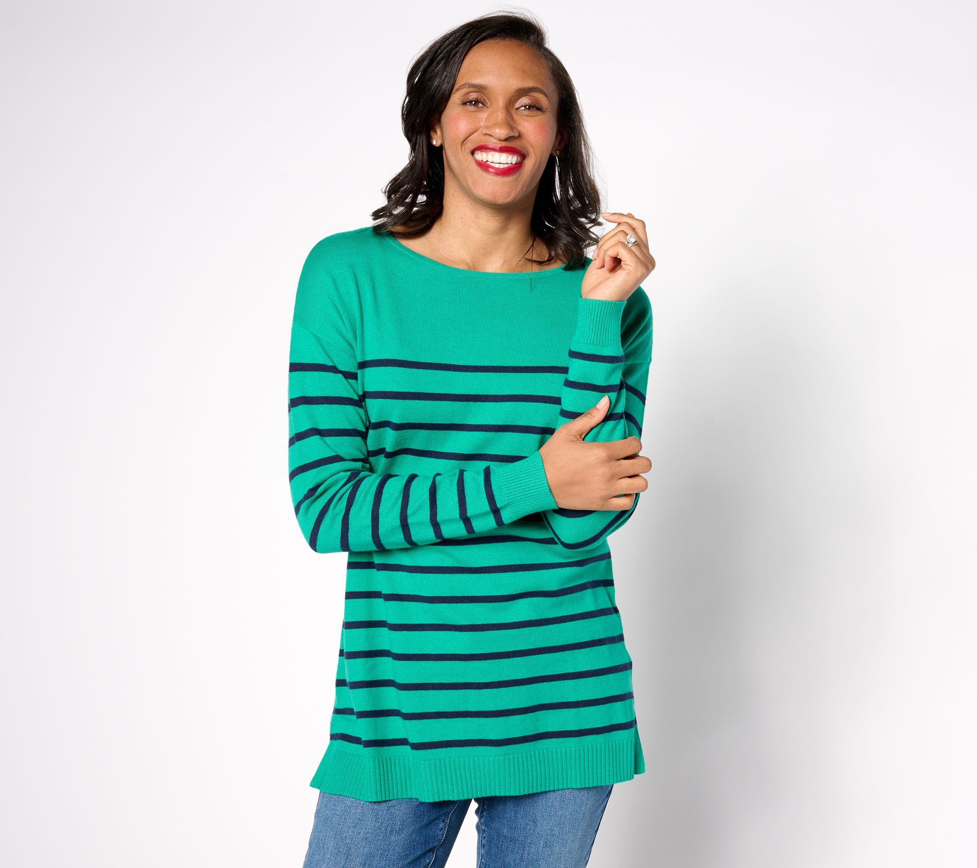 Denim & Co. Women's Top Plus Sz Sweater 2X Placed Stripe Long Green A639556