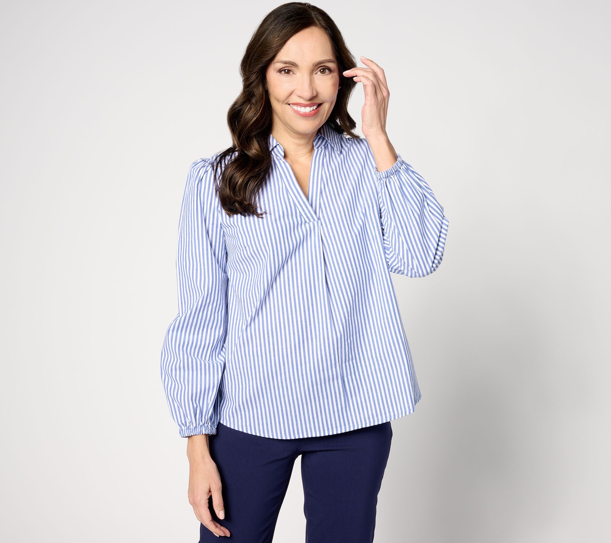 Denim & Co. Women's Top Sz L Striped ShirtBlouson Sleeve Blue A642077