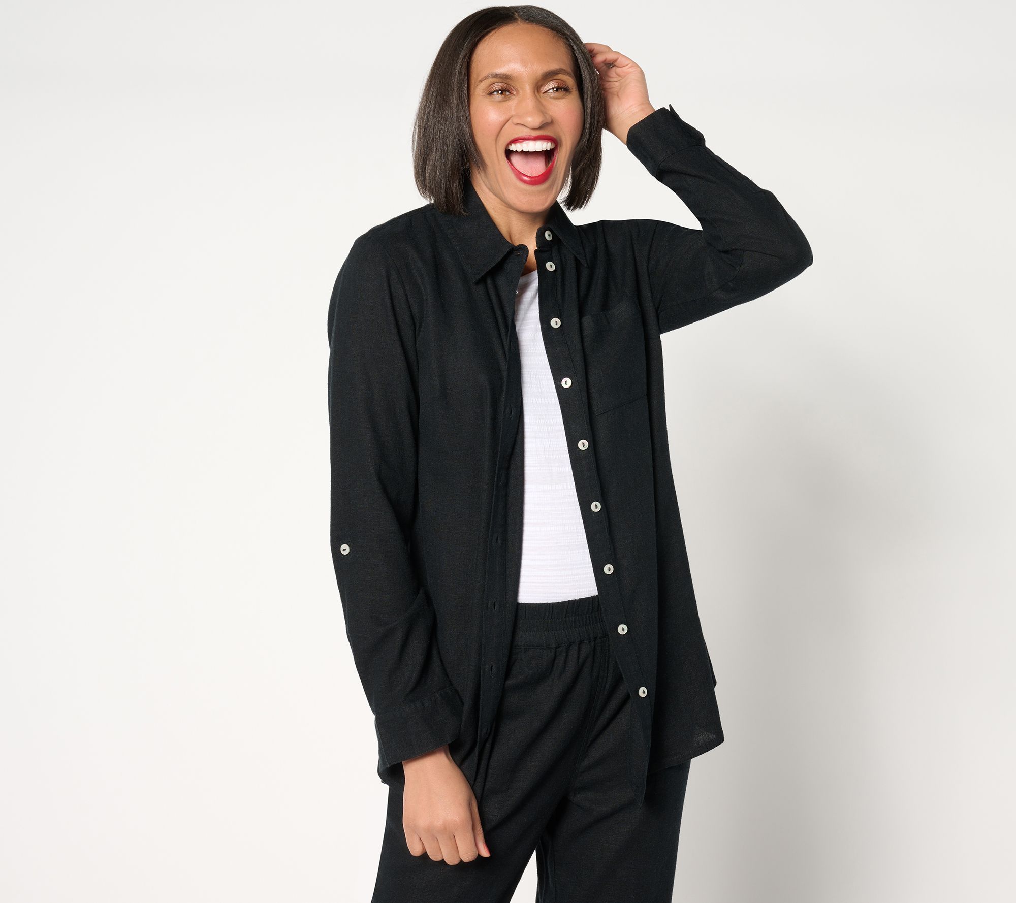 Denim & Co. Women's Top Sz XS Naturals Linen Blend Regular Black A643833