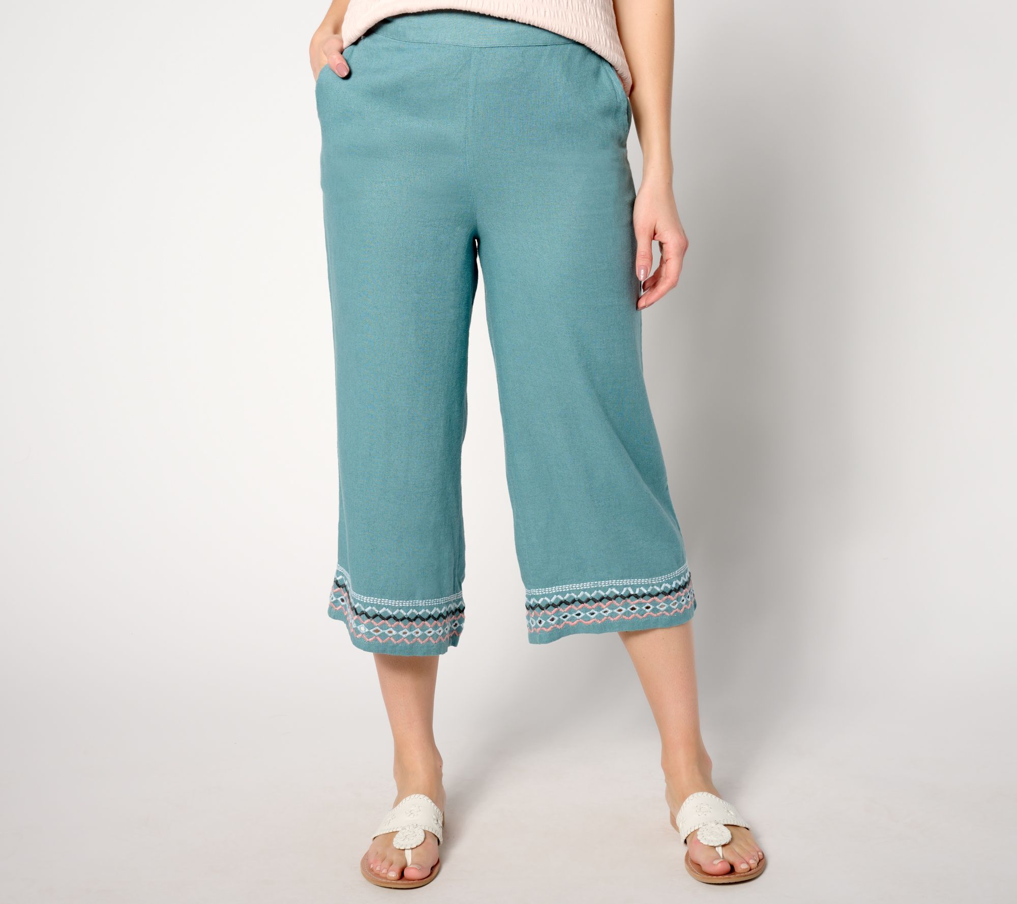 Denim & Co. Women's Petite Pants PM Naturals Linen Blend Blue A644112