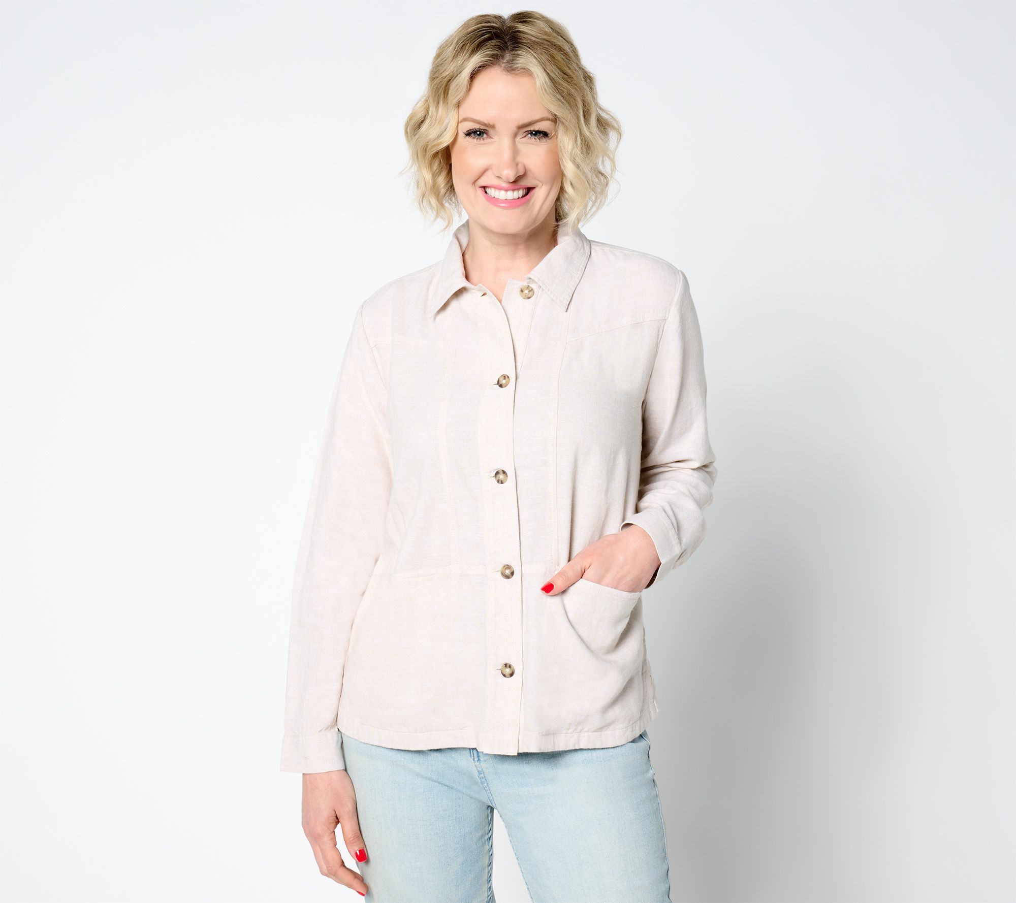 Denim & Co. Women's Plus Sz Jacket 1X Naturals Linen Blend Cross Brown A644380